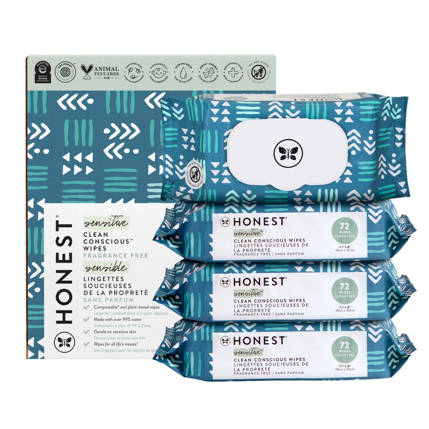 The Honest Company Clean Conscious Multi-Use Wipes | Hypoallergenic + Unscented for Sensitive Skin | Over 99% Water, Compostable, Plant Based, Baby Wipes | Pattern Play, 720 Count
