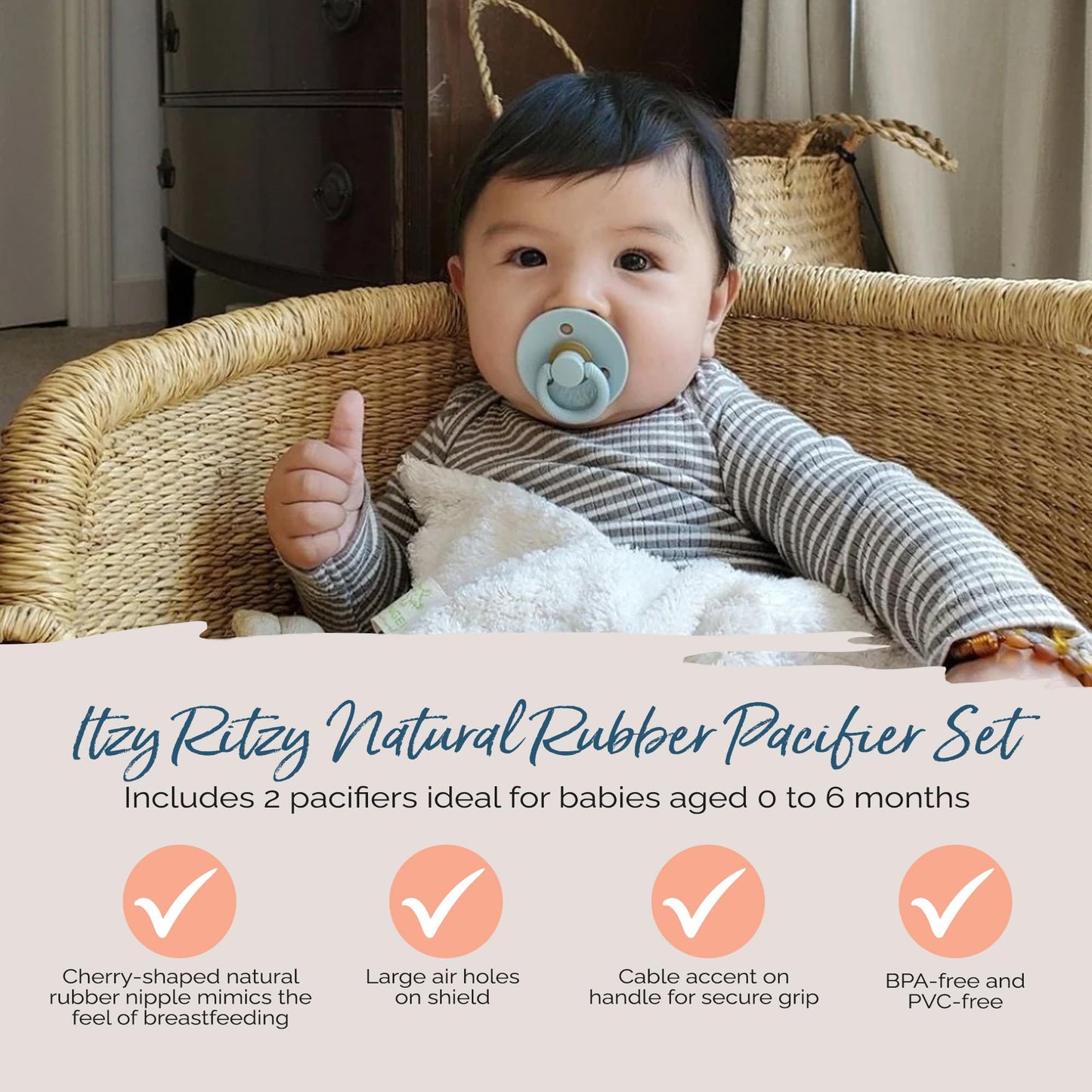 Itzy Ritzy Natural Rubber Pacifiers, Set of 2 – Natural Rubber Newborn Pacifiers with Cherry-Shaped Nipple & Large Air Holes for Added Safety; Set of 2 i