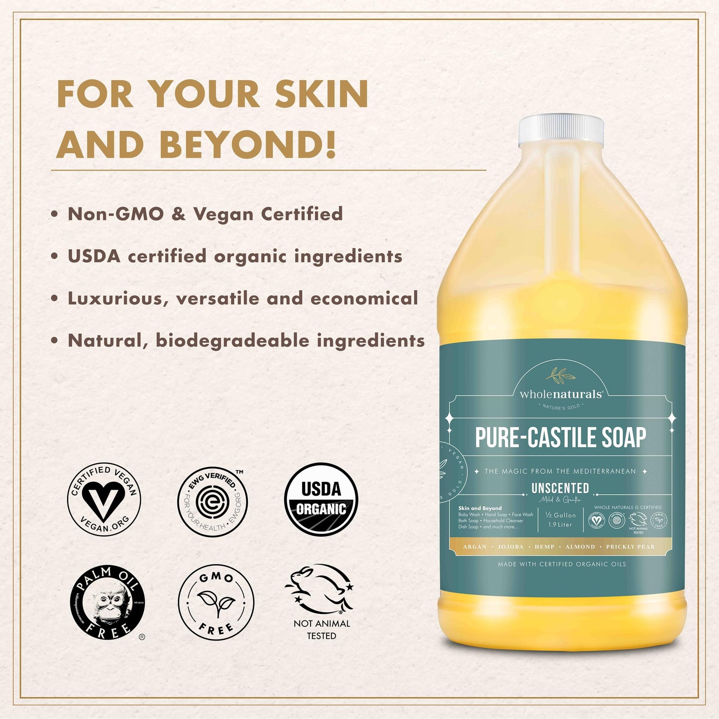 Pure Castile Soap Liquid, EWG Verified & Certified Palm Oil Free Unscented