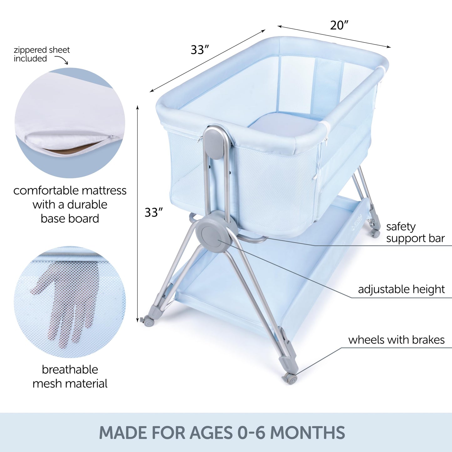 Baby Bedside Sleeper - Bassinet & Bedside Crib with Height Adjustment & Wheels - Can Be Placed Next to Bed - Attaches to Parents Bed - Easy to Fold & Carry Bassinet for Girls (Pink)