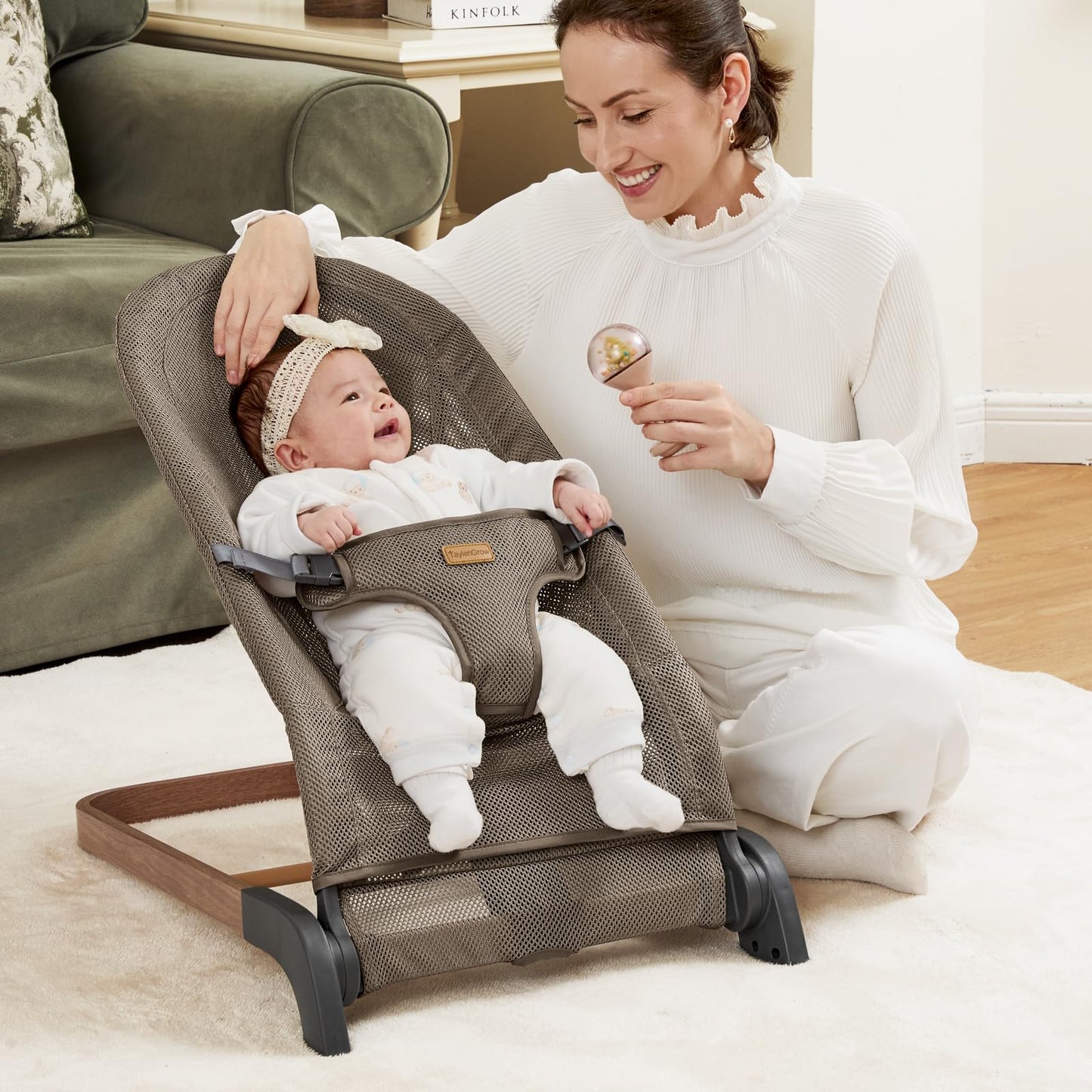 Foldable Baby Bouncer, Baby Seat with 3 Adjustable Heights, Portable Newborn Rocker