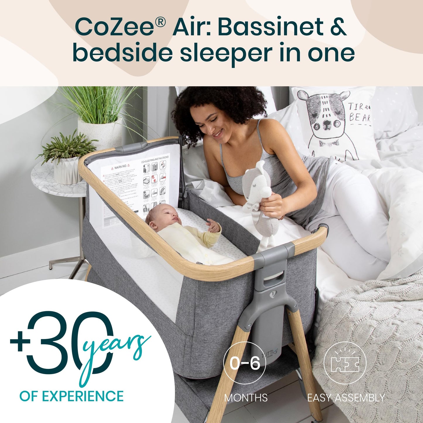 CoZee® 2-in-1 Baby Bassinet & Bedside Sleeper - Fast-Folding Bedside Bassinet, Baby Crib with 6 Mattress Heights & Breathable Mesh Window, Mattress Included, 0-6 Months (Oak & Charcoal)