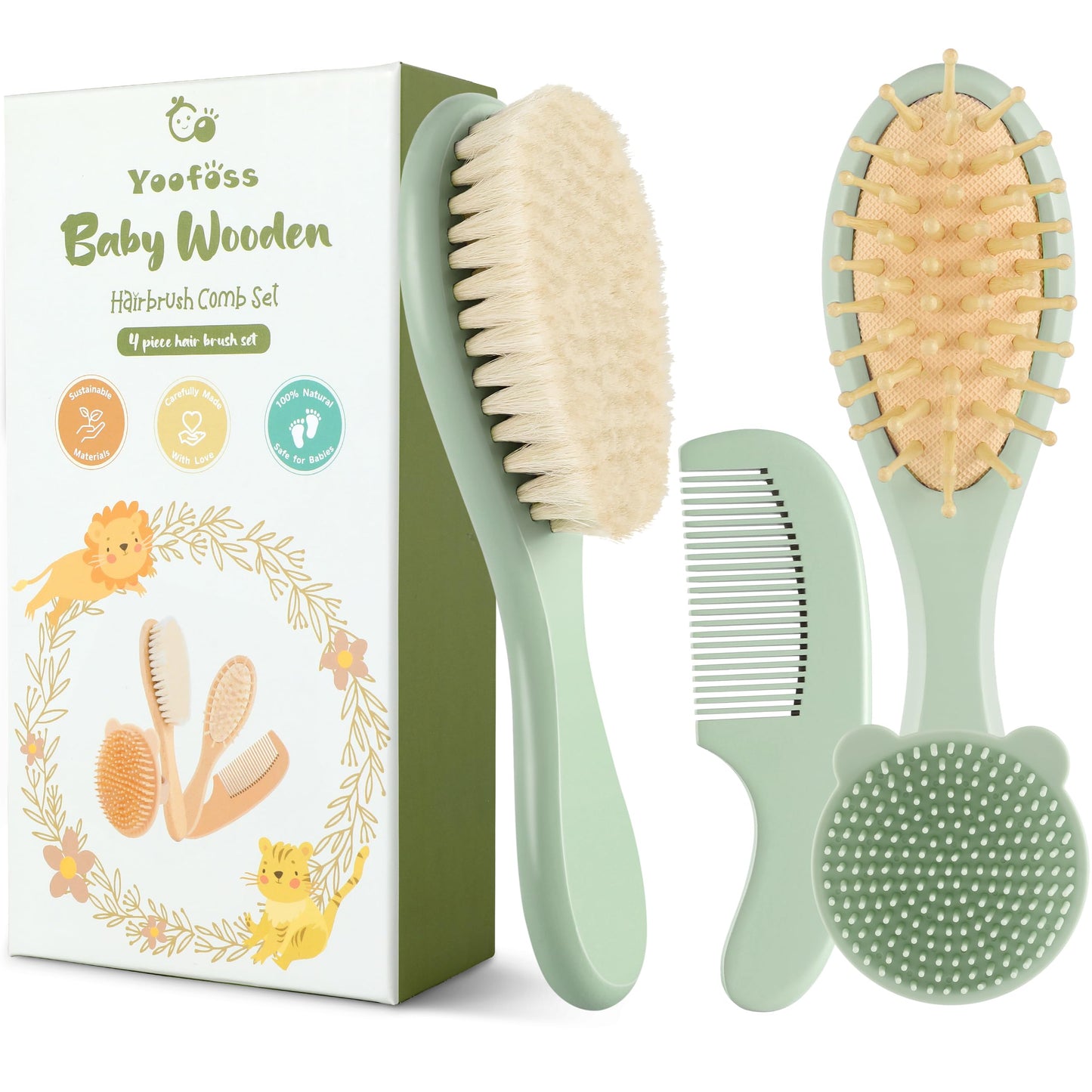 Yoofoss 4 Piece Baby Brush and Comb Set, Wooden Baby Brush with Natural Ultra Soft Goat Hair