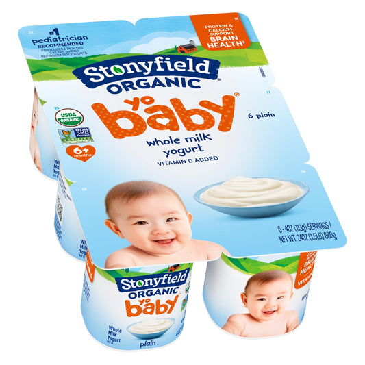 Stonyfield Organic YoBaby Whole Milk Baby Yogurt Cups with Probiotics, Plain, 4 Oz, 6 Pack