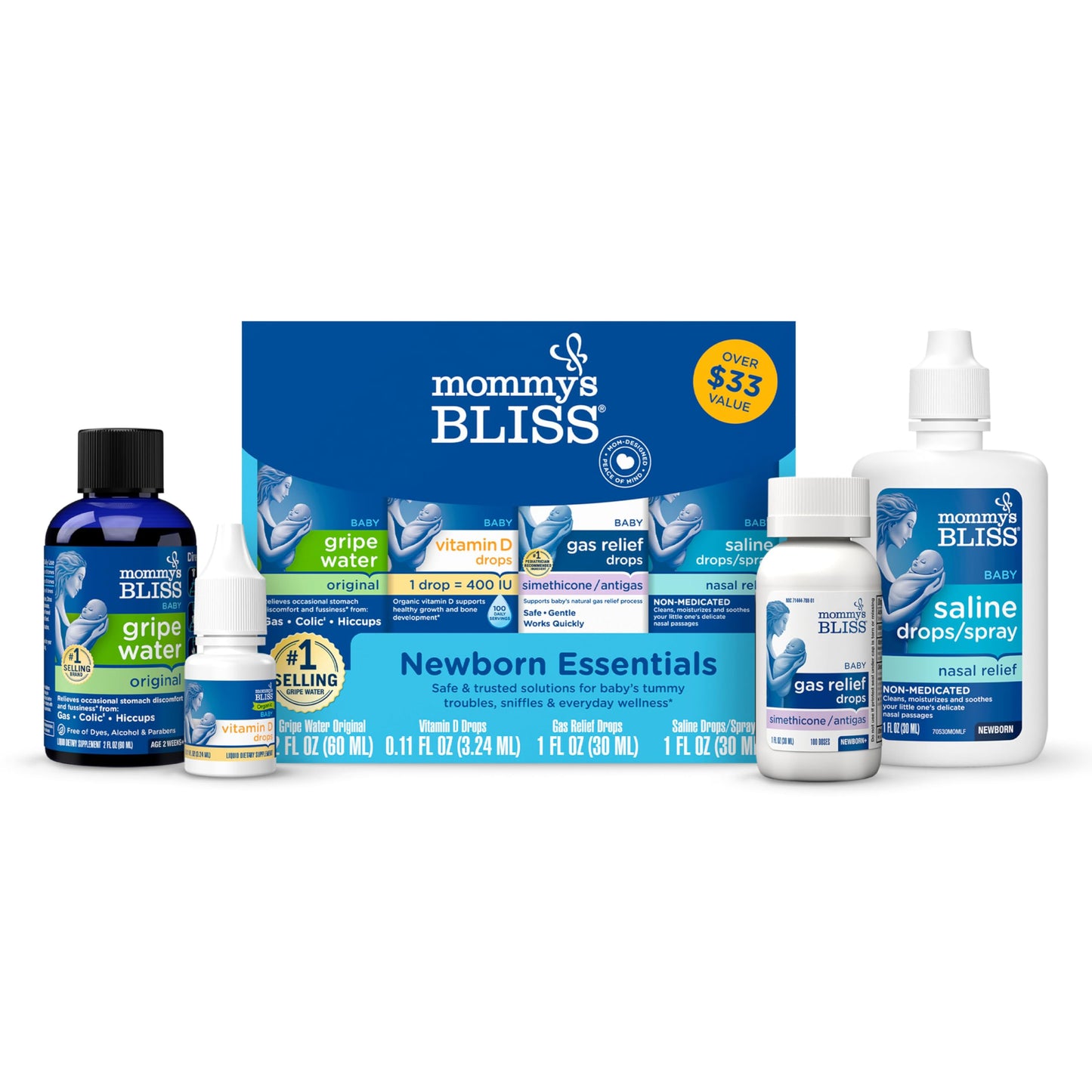 Mommy's Bliss Newborn Essentials Gift Set, Includes Gripe Water, Baby Vitamin D/Gas Drops and Gentle Saline Drops/Spray