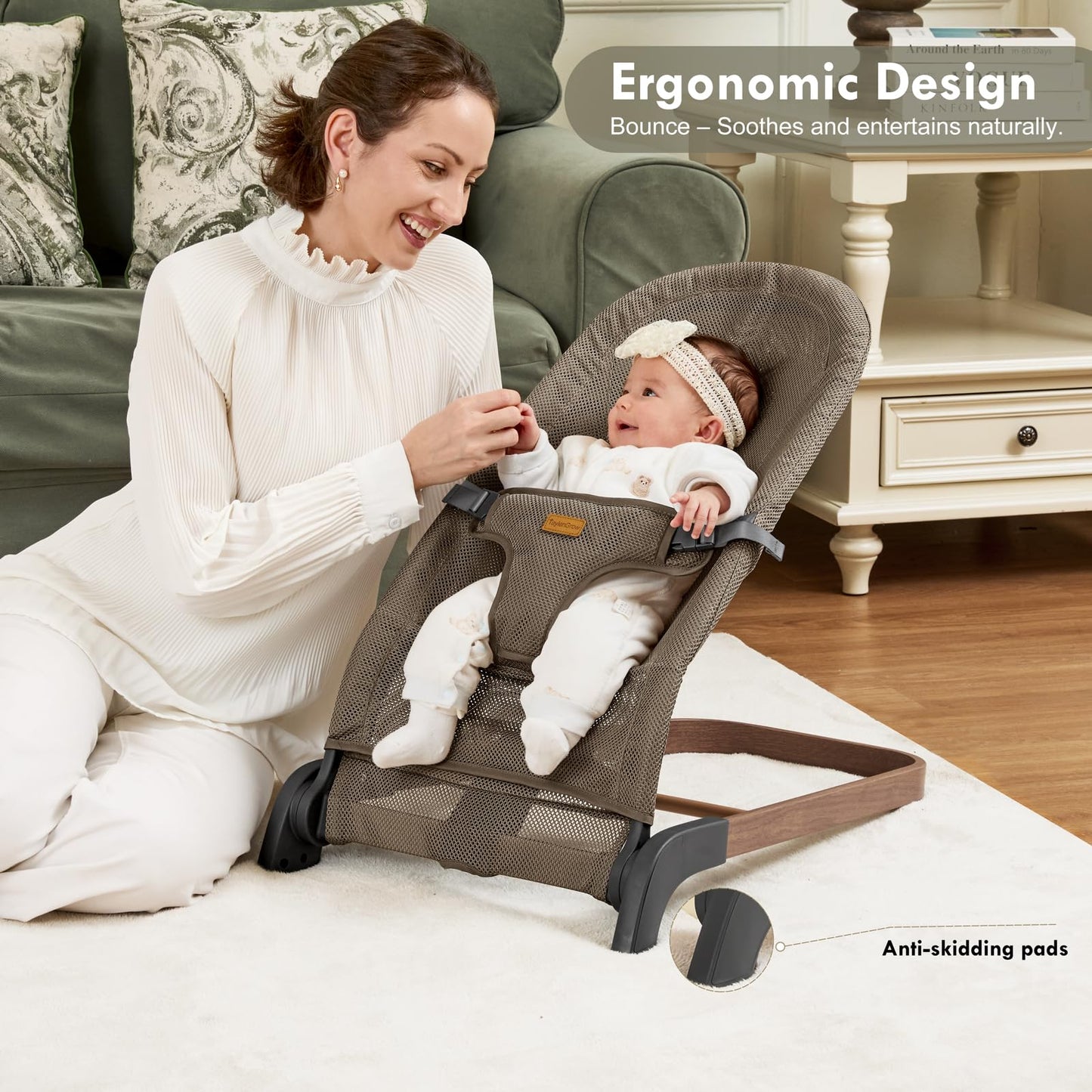 Foldable Baby Bouncer, Baby Seat with 3 Adjustable Heights, Portable Newborn Rocker