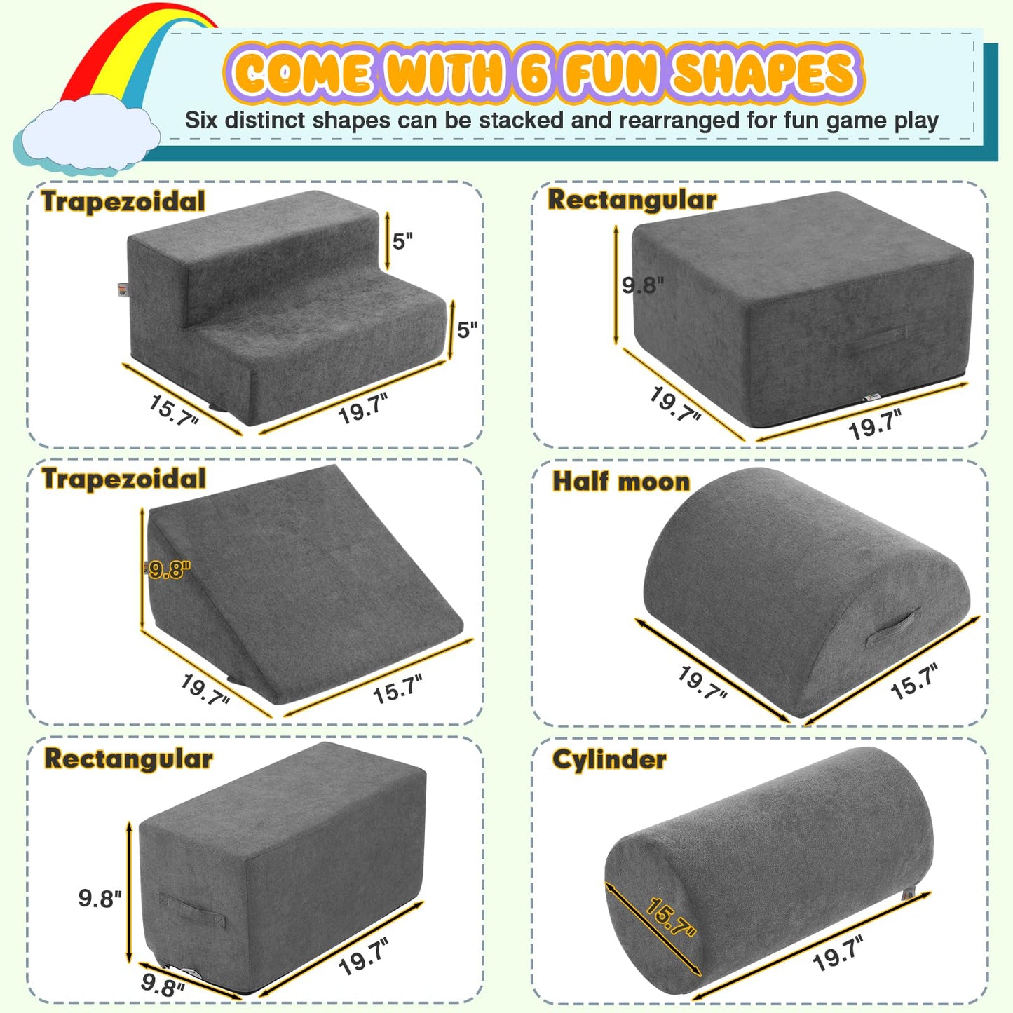 jela Foam Blocks 6Pcs Soft Play Equipment Waterproof Fabric, UV Resistant Toddler Climbing Toys Indoor& Outdoor Soft Play Climbing for Toddlers, Lightweight Climbing Blocks for Babies, Kids (Darkgrey)