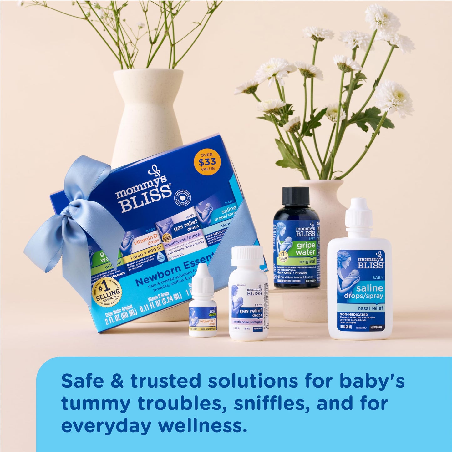 Mommy's Bliss Newborn Essentials Gift Set, Includes Gripe Water, Baby Vitamin D/Gas Drops and Gentle Saline Drops/Spray
