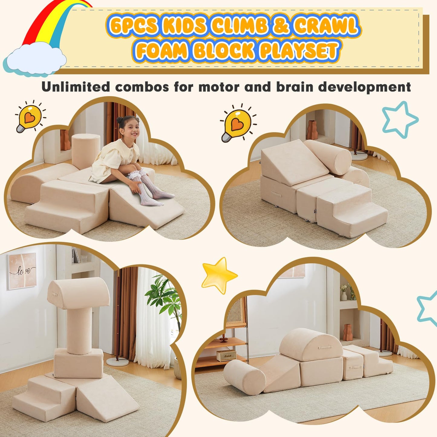 jela Foam Blocks 6Pcs Soft Play Equipment Waterproof Fabric, UV Resistant Toddler Climbing Toys Indoor& Outdoor Soft Play Climbing for Toddlers, Lightweight Climbing Blocks for Babies, Kids (Darkgrey)