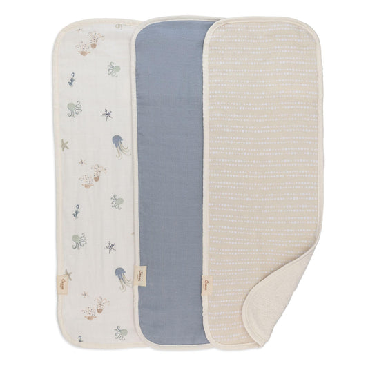 Crane Baby Muslin Burp Cloths, Nautical Theme Whale Design, Baby Boy Essentials, Cotton, Set of 3, 7" x 20" Blue Burp Cloth Set