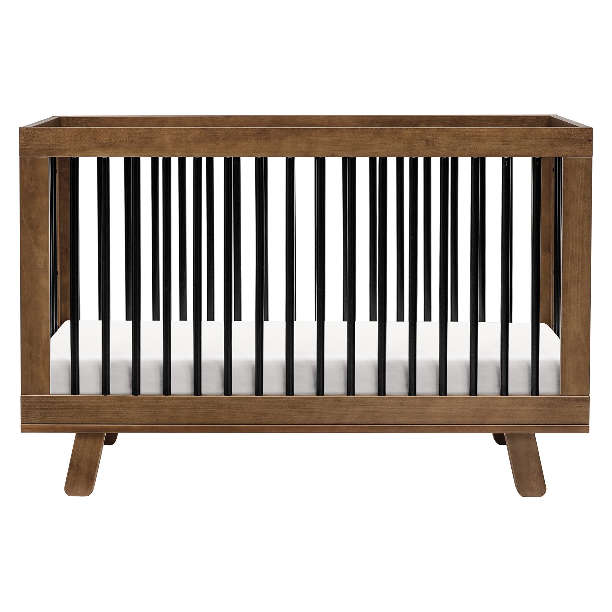 Wooden crib with black and white barcode design on a white background