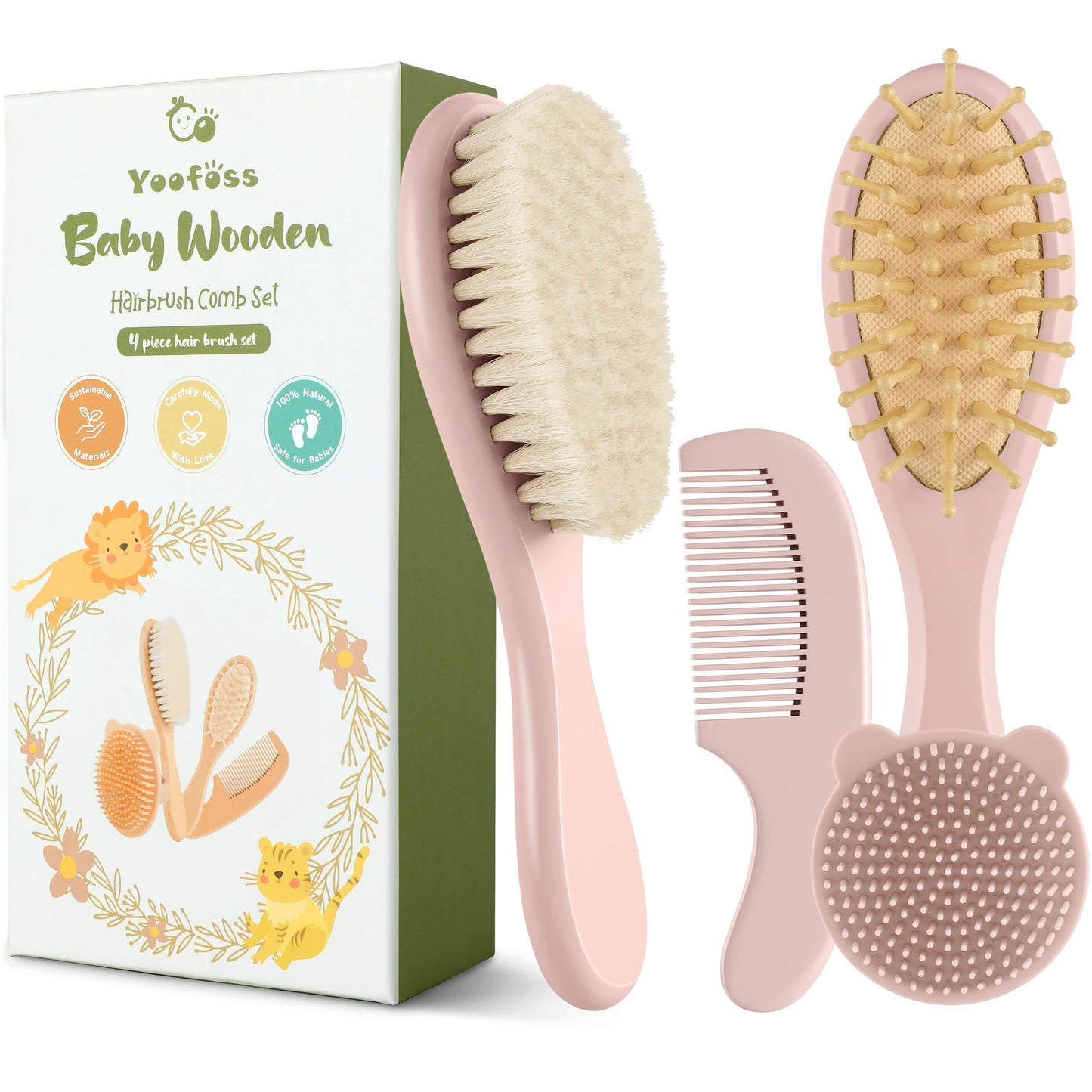 Yoofoss 4 Piece Baby Brush and Comb Set, Wooden Baby Brush with Natural Ultra Soft Goat Hair