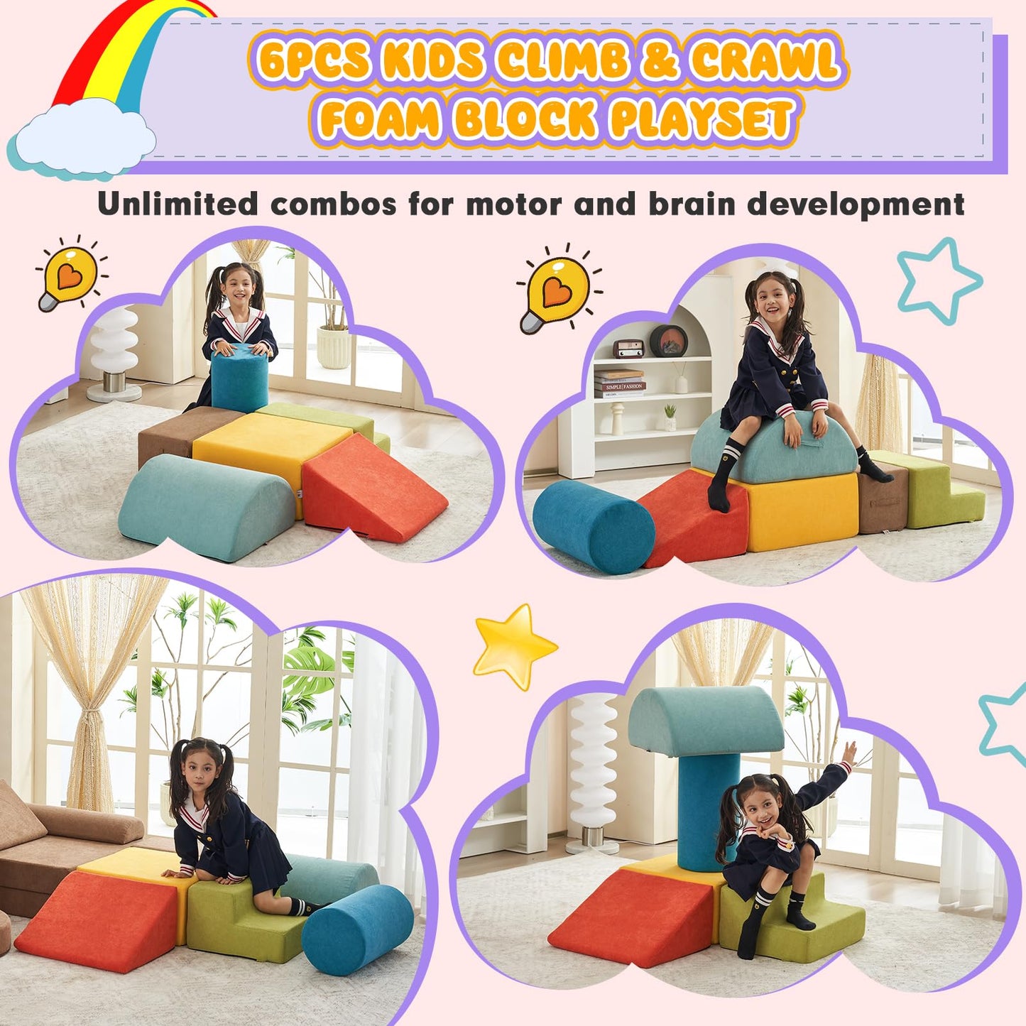 jela Foam Blocks 6Pcs Soft Play Equipment Waterproof Fabric, UV Resistant Toddler Climbing Toys Indoor& Outdoor Soft Play Climbing for Toddlers, Lightweight Climbing Blocks for Babies, Kids (Darkgrey)