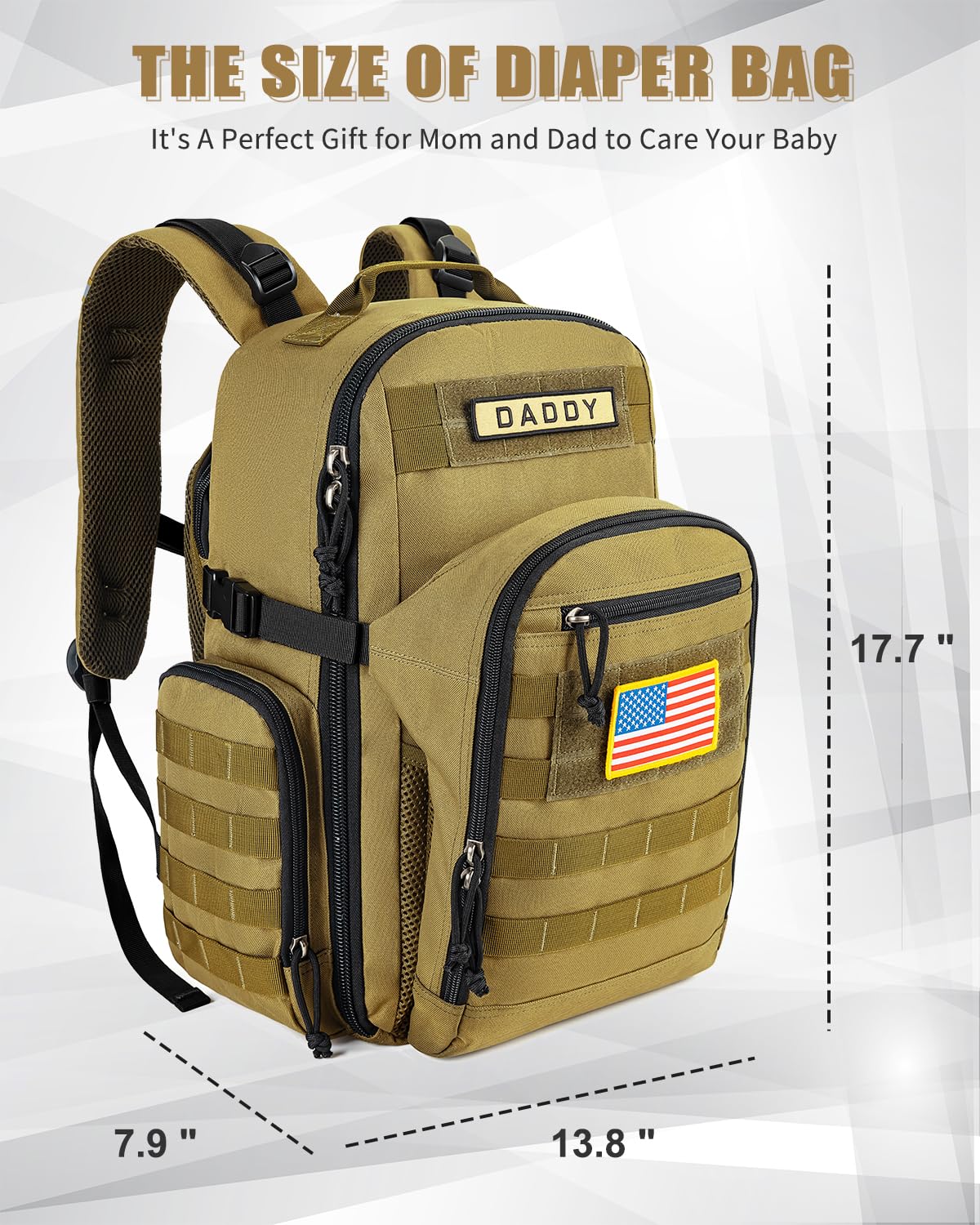 SHARKMOUTH Dad Diaper Bag Backpack - Military Baby Gear Backpacks with Daddy Patches Black