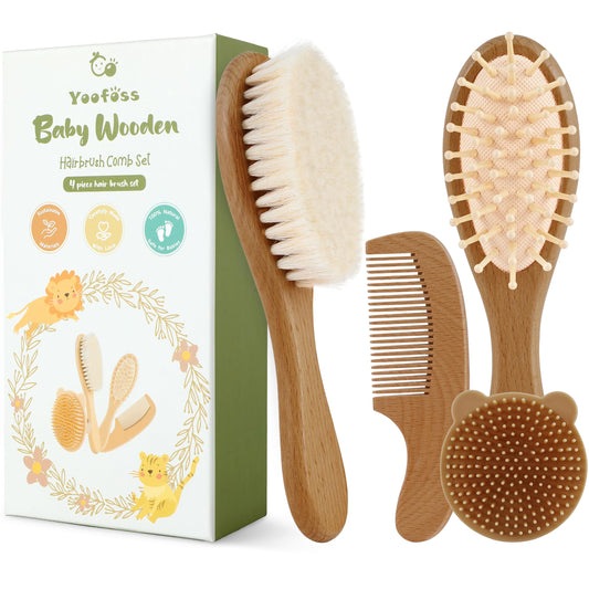 Yoofoss 4 Piece Baby Brush and Comb Set, Wooden Baby Brush with Natural Ultra Soft Goat Hair