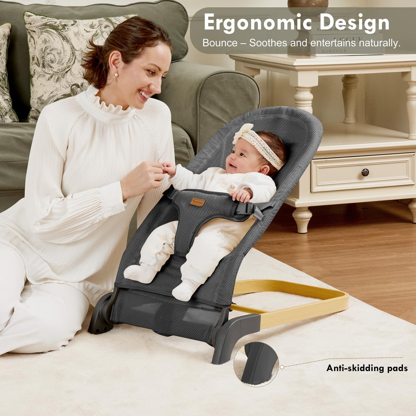 Foldable Baby Bouncer, Baby Seat with 3 Adjustable Heights, Portable Newborn Rocker