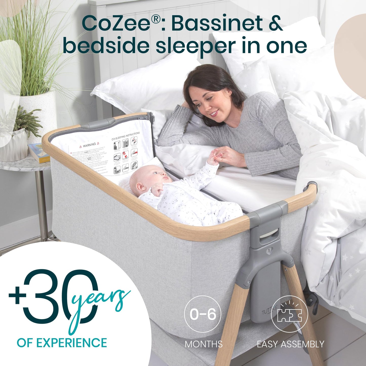 CoZee® 2-in-1 Baby Bassinet & Bedside Sleeper - Fast-Folding Bedside Bassinet, Baby Crib with 6 Mattress Heights & Breathable Mesh Window, Mattress Included, 0-6 Months (Oak & Charcoal)