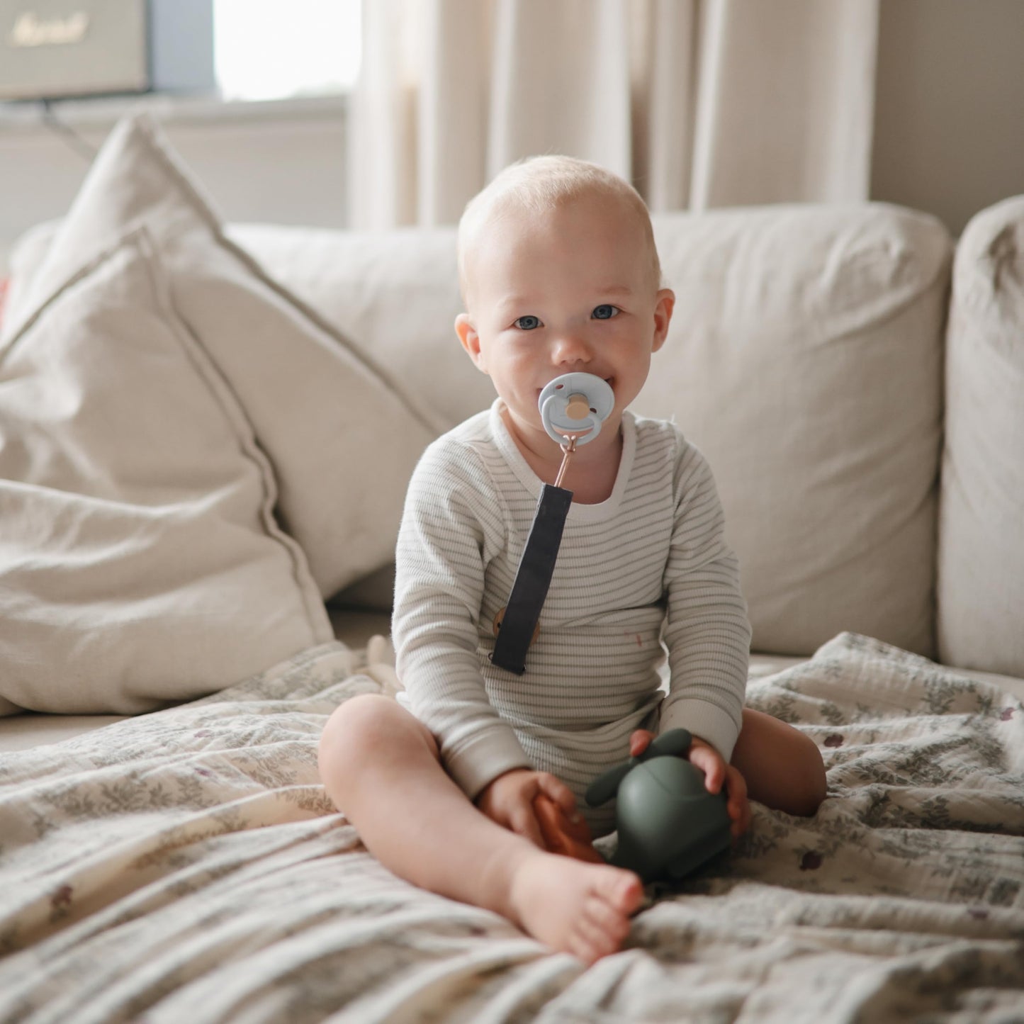 FRIGG Little Viking SilkySoft Silicone Baby Pacifier 2-Pack | Made in Denmark | BPA-Free (Powder Blue/Cream,6-18 Months)