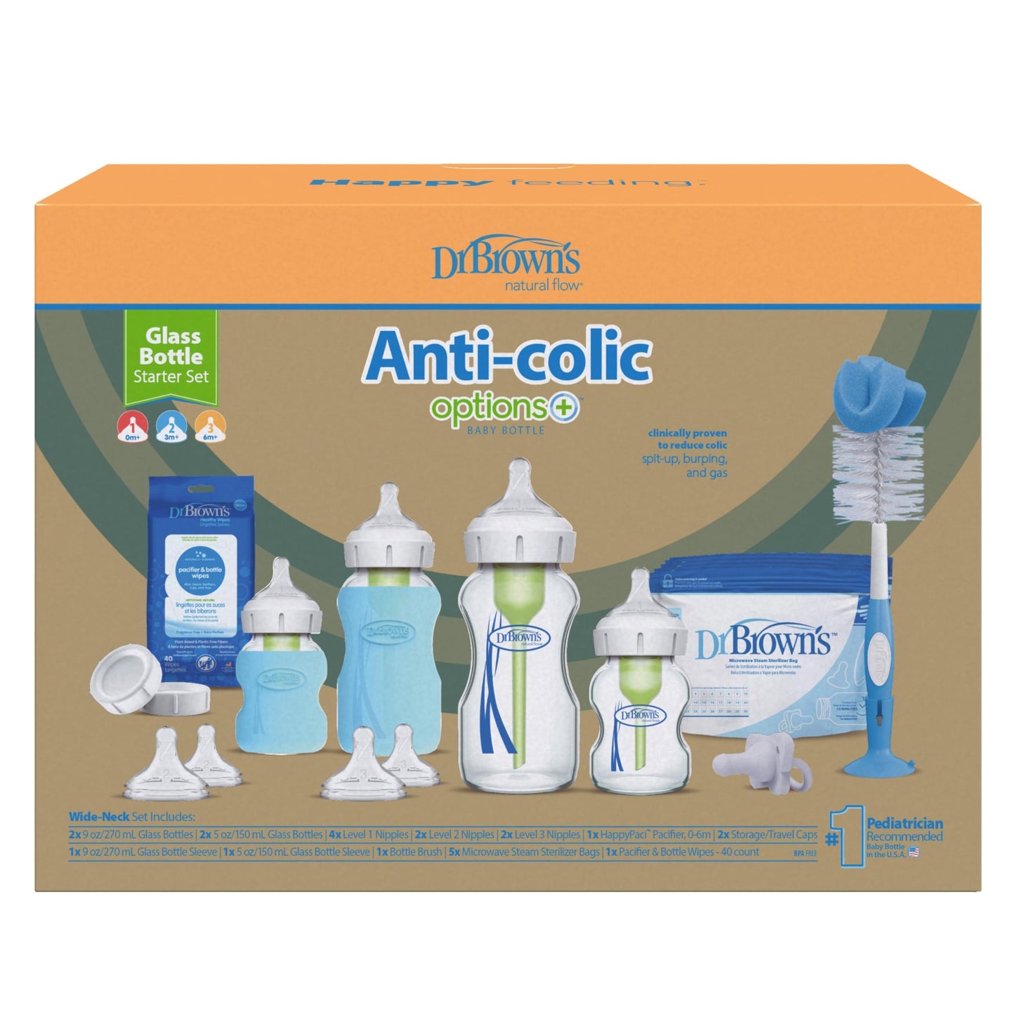 Dr. Brown's Natural Flow Anti-Colic Options+ Wide-Neck Glass Baby Bottles 5 oz/150 mL, with Level 1 Slow Flow Nipple, 3 Pack, 0m+
