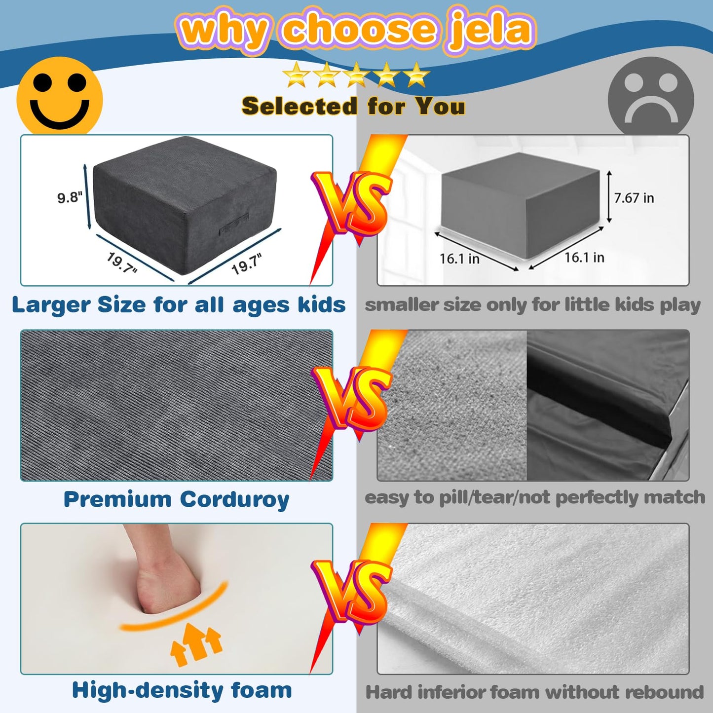 jela Foam Blocks 6Pcs Soft Play Equipment Waterproof Fabric, UV Resistant Toddler Climbing Toys Indoor& Outdoor Soft Play Climbing for Toddlers, Lightweight Climbing Blocks for Babies, Kids (Darkgrey)