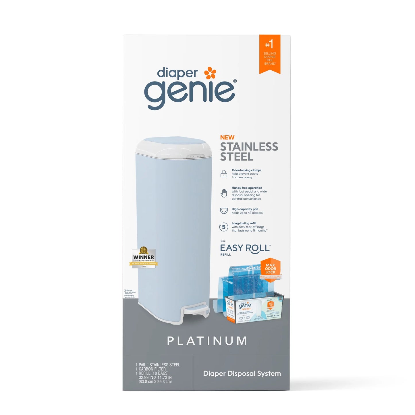 Platinum Pail,White,Stainless Steel, 1 Diaper Pail,1 Easy Roll 18 Bags, Infant