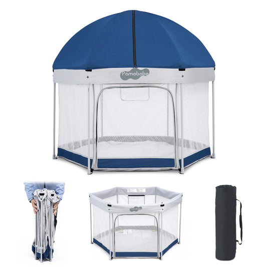 Unisex Premium Indoor and Outdoor Baby Playpen - Portable, Lightweight, Toddler Play Yard with Canopy and Travel Bag - Blue