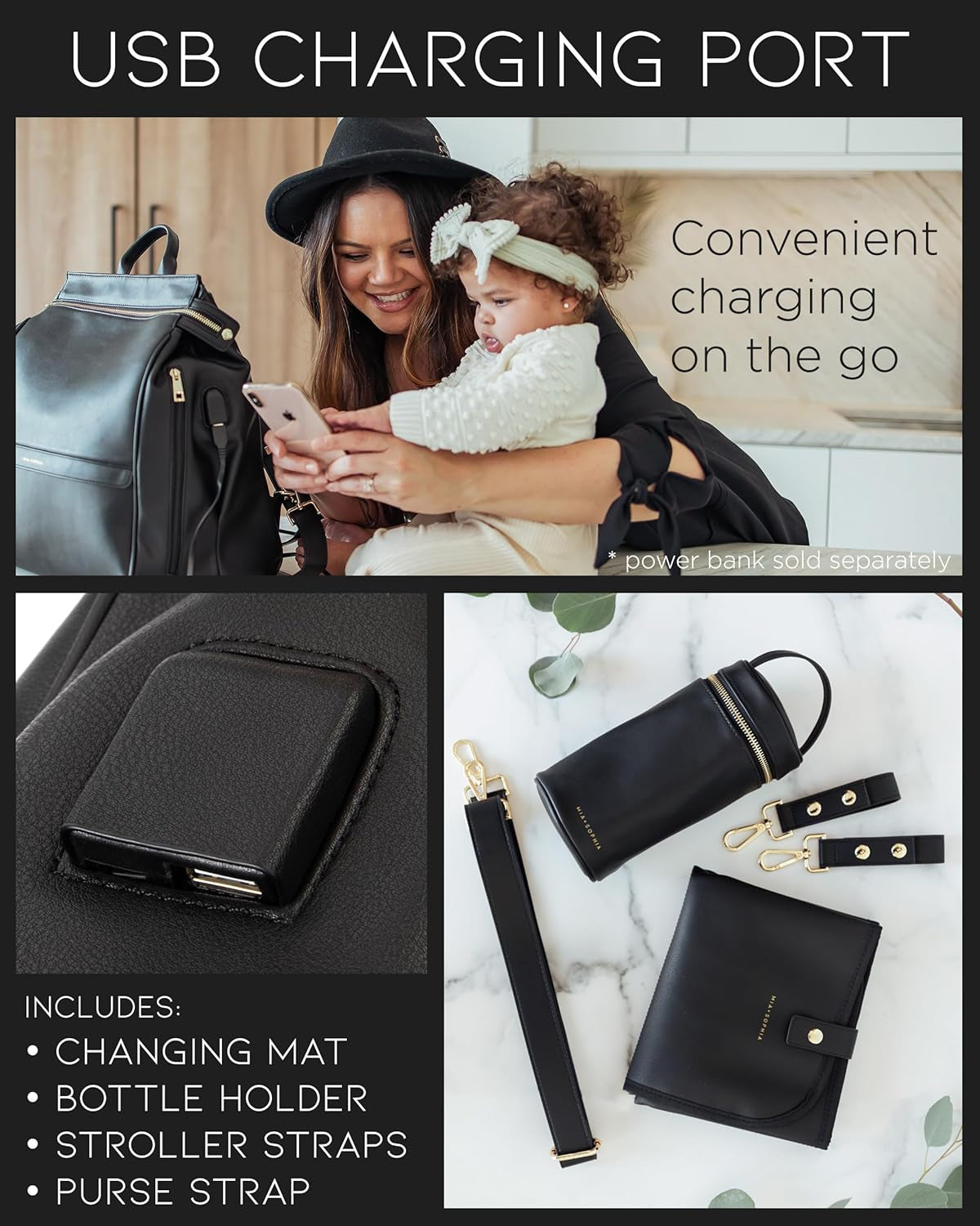 Leather Diaper Bag Backpack with USB Charging Port, Changing Pad, Stroller Straps, and Bottle Holder (Black Sophia)
