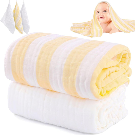 Muslin Baby Bath Towel Set, 2 Large Gauze Super Soft Baby Bath Towel and 3 Washcloths, 6 Layers Muslin Cotton Infant Blanket Suitable for Baby'S Delicate Skin (Amsicotion)