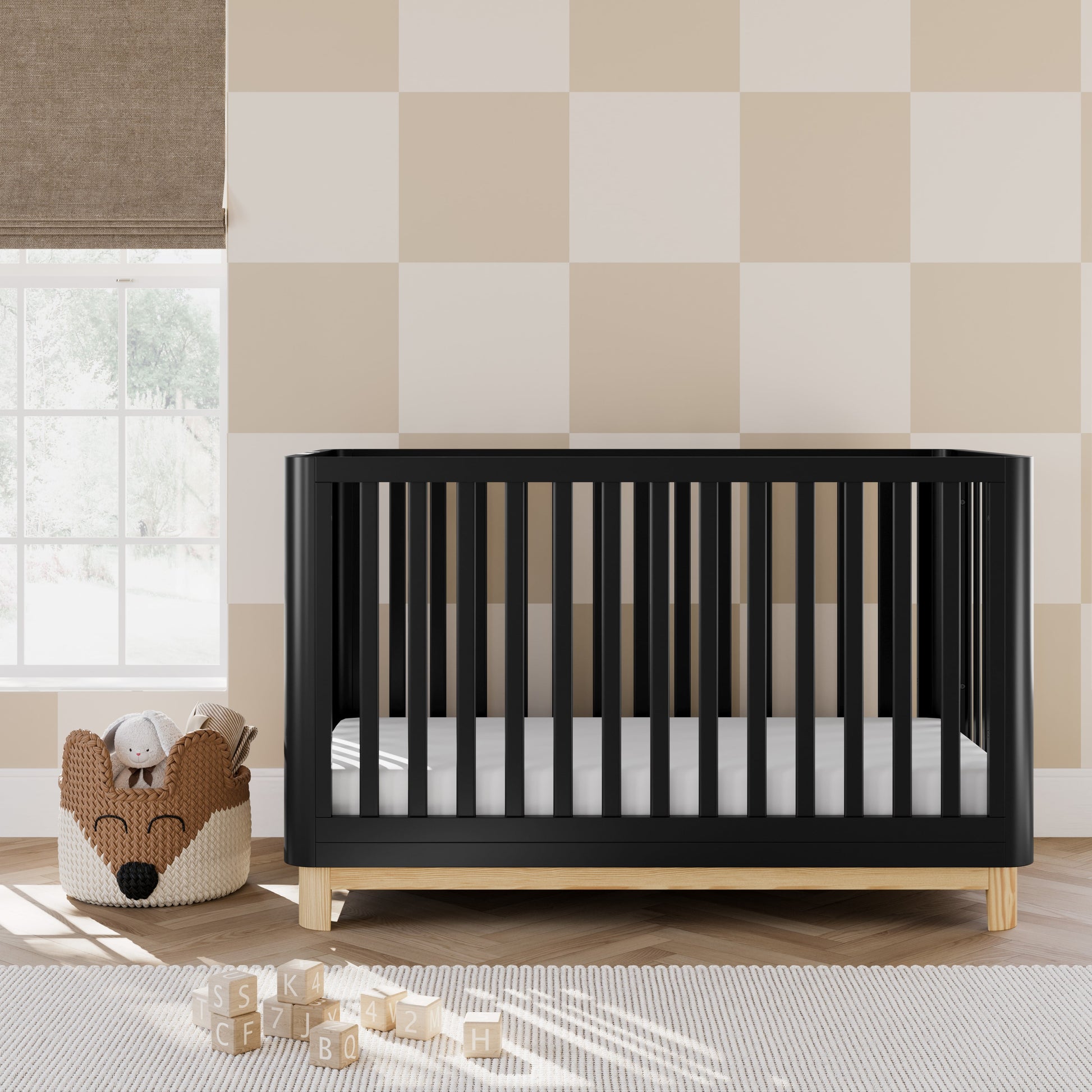 Santos 3-In-1 Convertible Baby Crib, Black with Natural