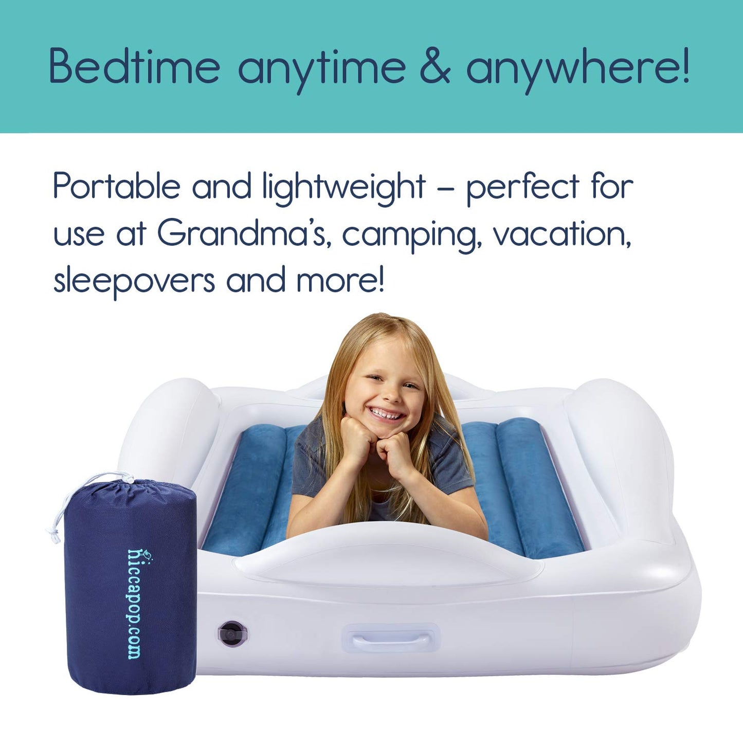 Inflatable Toddler Travel Bed with Safety Bumpers [4-Sided] | Portable Toddler Bed for Kids | Toddler Air Mattress | Kids Air Mattress - Navy Blue