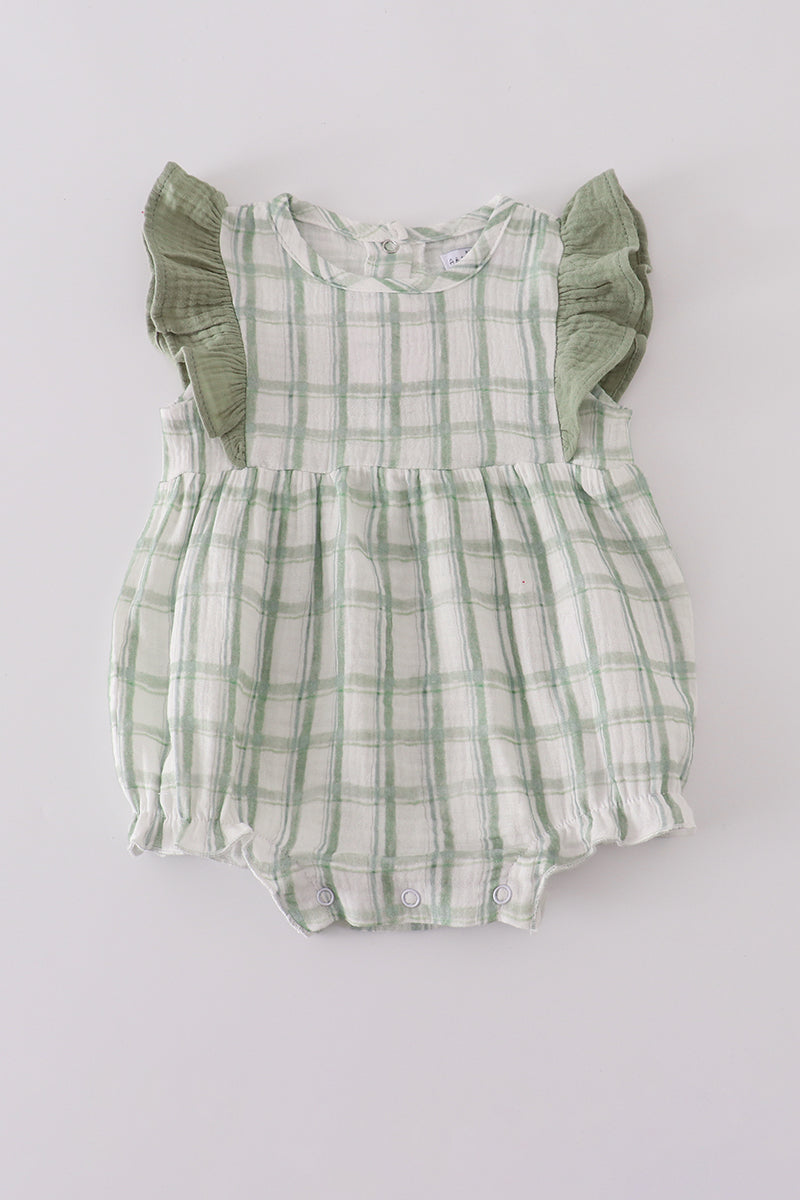Green checkered romper with ruffled sleeves on a white background
