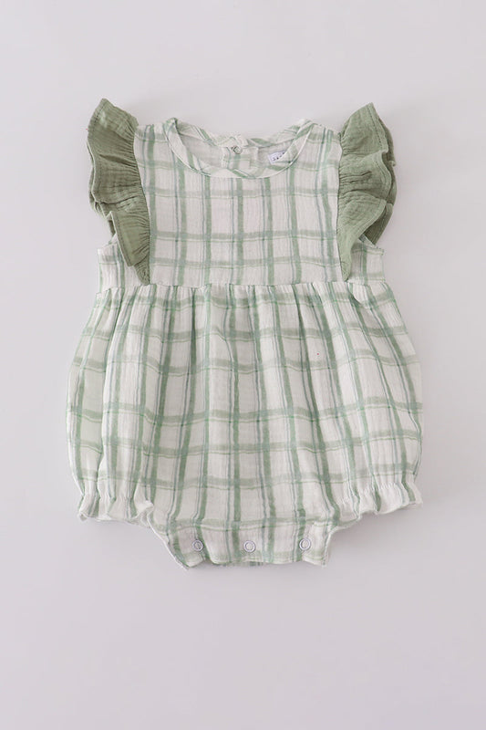 Green checkered romper with ruffled sleeves on a white background