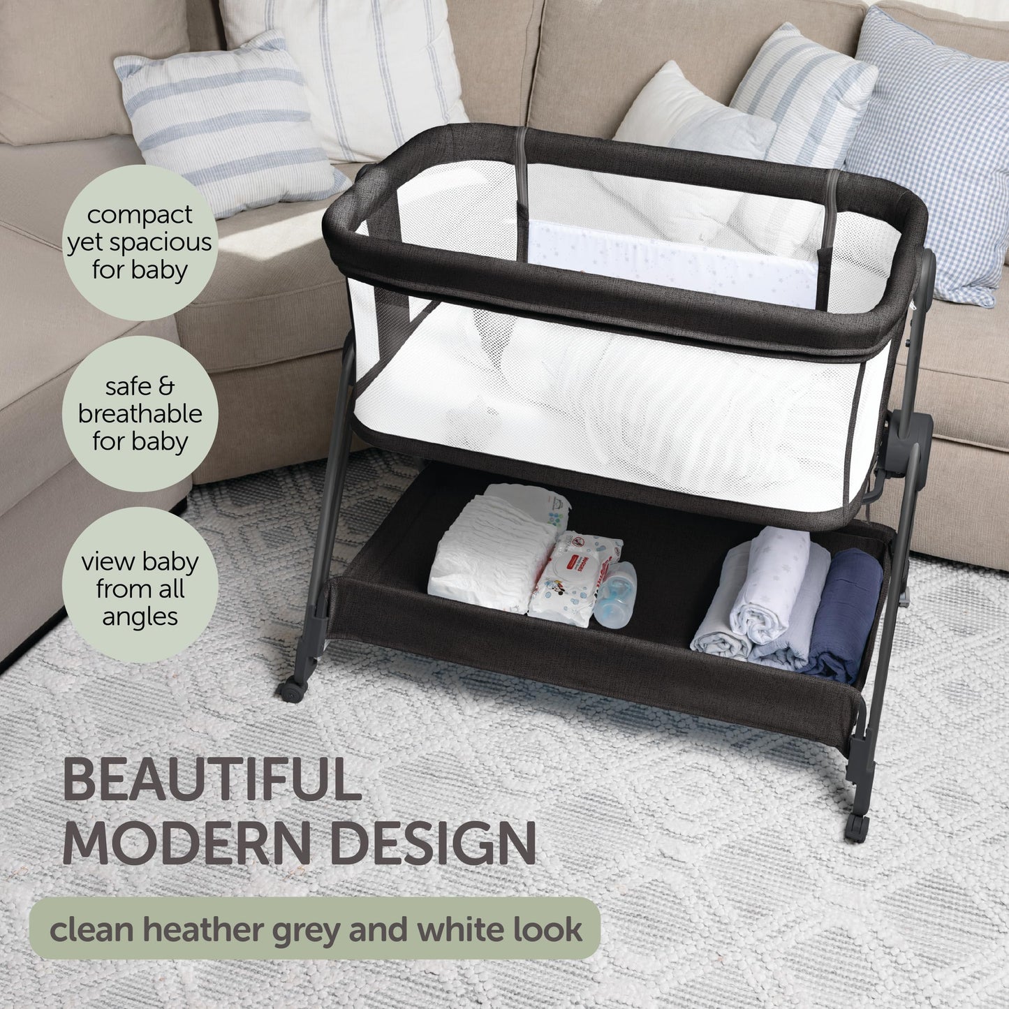 Baby Bedside Sleeper - Bassinet & Bedside Crib with Height Adjustment & Wheels - Can Be Placed Next to Bed - Attaches to Parents Bed - Easy to Fold & Carry Bassinet for Girls (Pink)