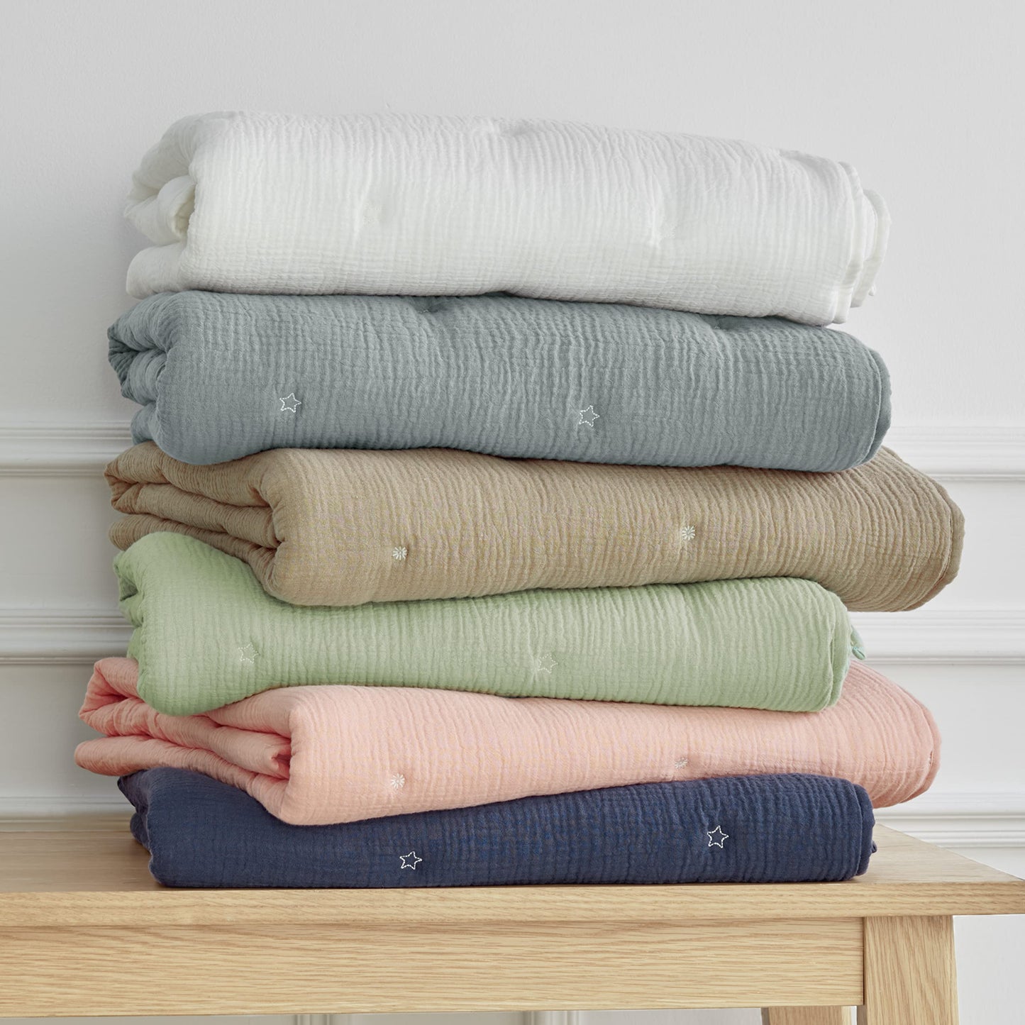 Levtex Baby - Cloud Muslin Crib Bed Set - Baby Nursery Set - Sage and White Stars - Sage Textured Muslin - 5 Piece Set Includes Quilt, Fitted Sheet, Two Swaddles & Bear Lovey