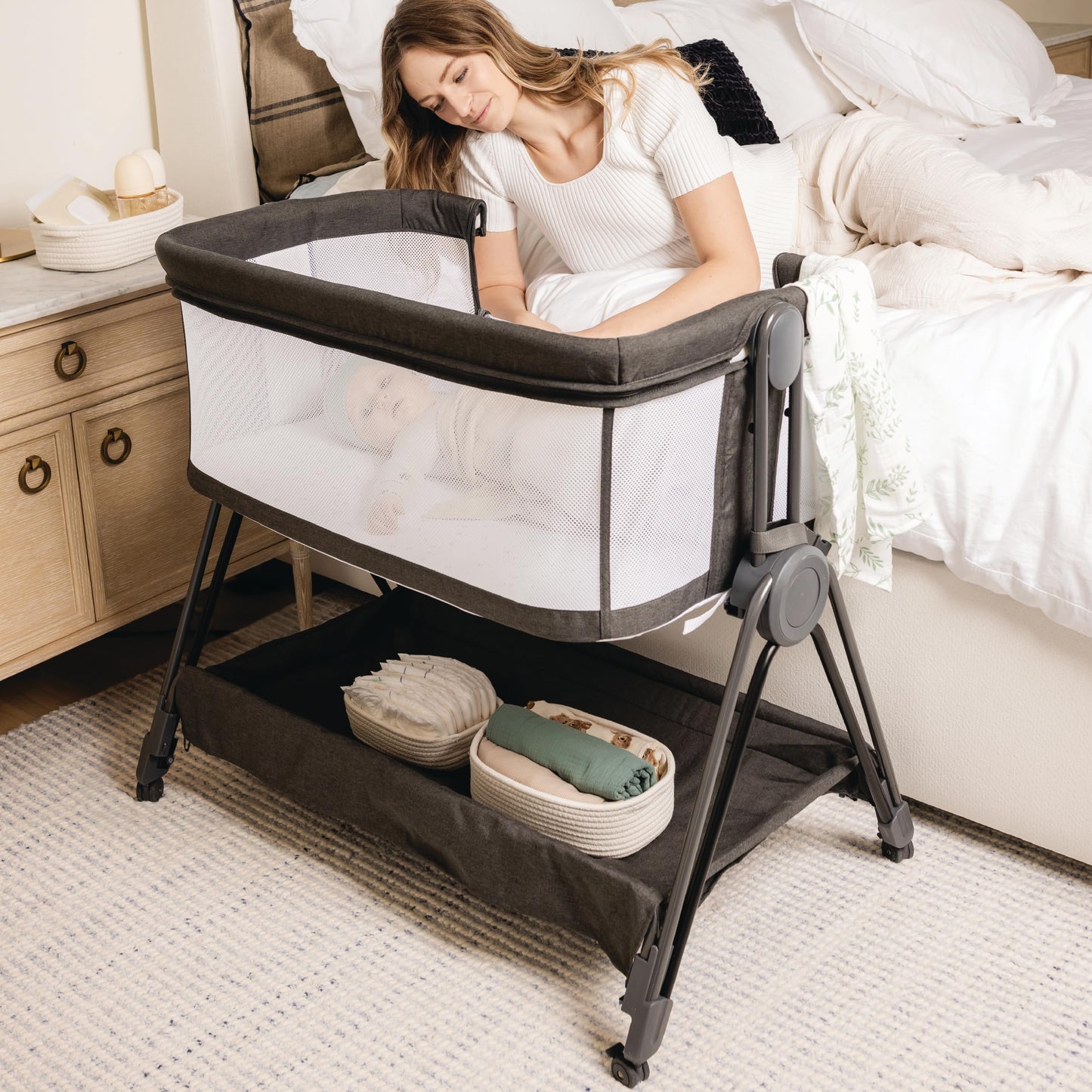 Baby Bedside Sleeper - Bassinet & Bedside Crib with Height Adjustment & Wheels - Can Be Placed Next to Bed - Attaches to Parents Bed - Easy to Fold & Carry Bassinet for Girls (Pink)
