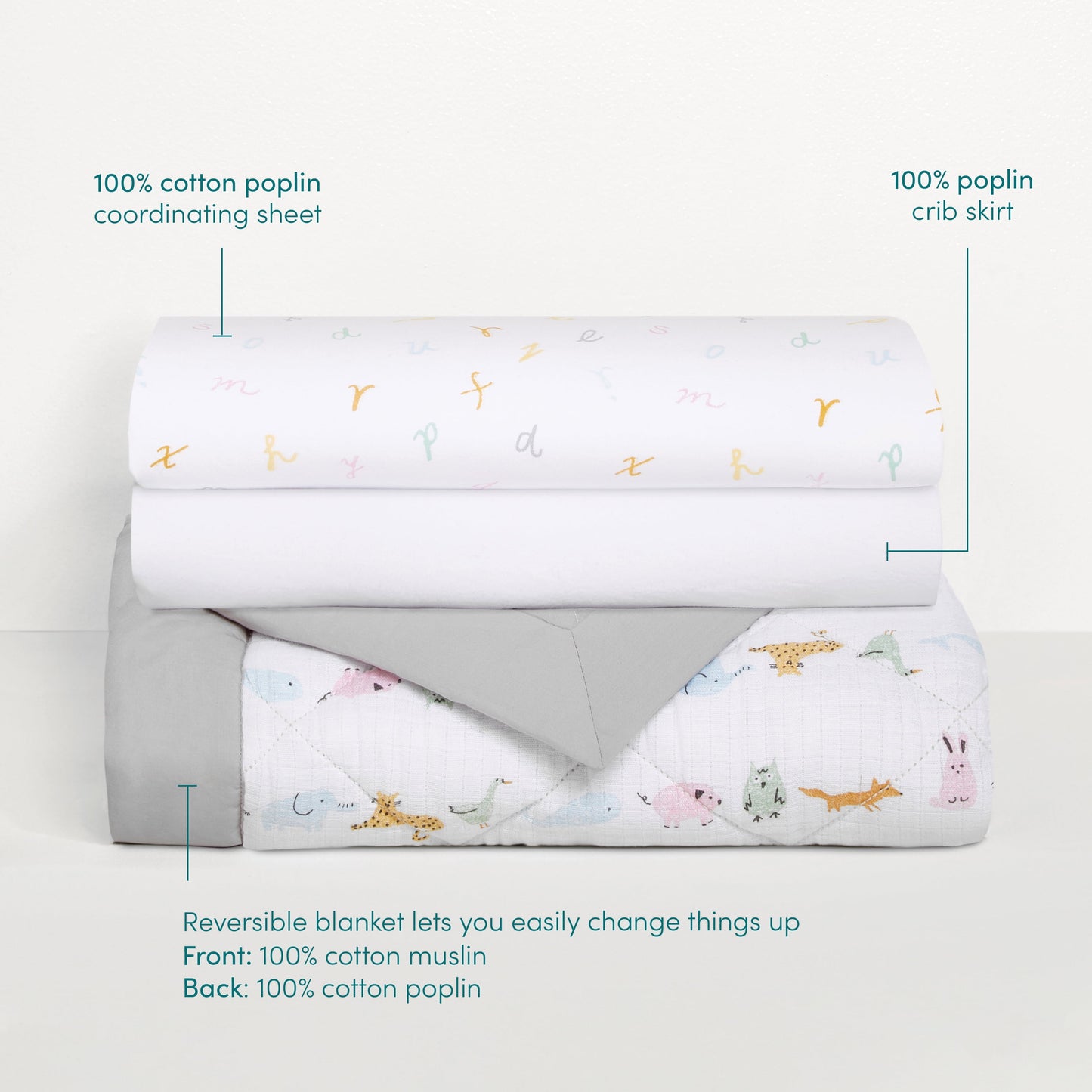 ™ Essentials, Cotton Crib Bedding Set , Alphabet Animals, Unisex, Infants, 3-Piece Set