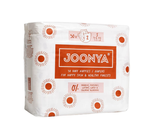 A pack of Joonya Diapers Size 2 S with a weight range of 7-13 lb, containing 30 diapers. The packaging is predominantly white with orange sunflower-like patterns and the brand name displayed prominently in the center.