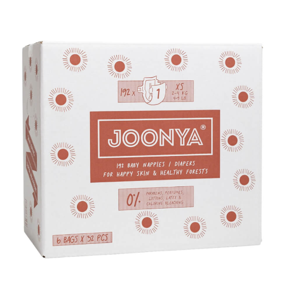 Box of Joonya baby diapers with red and brown design on a white background