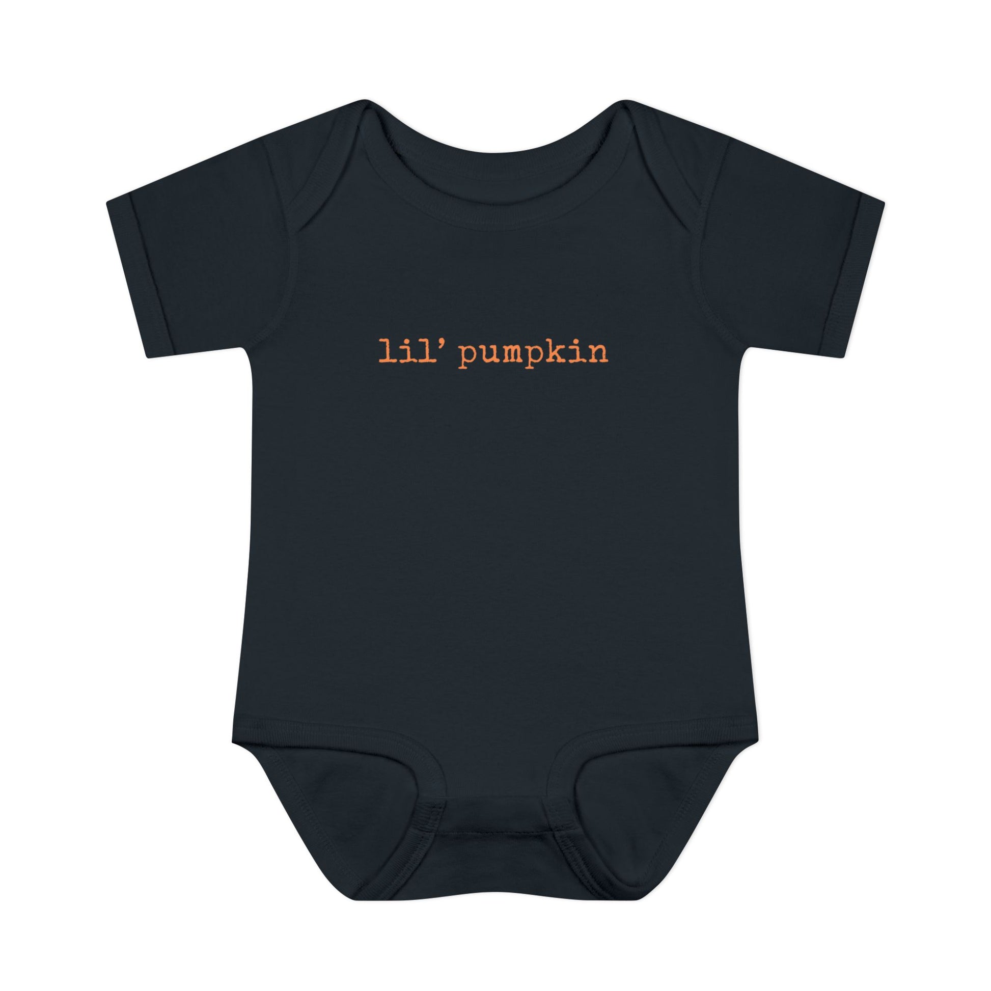 Black baby onesie with 'lil' pumpkin' text on a white background