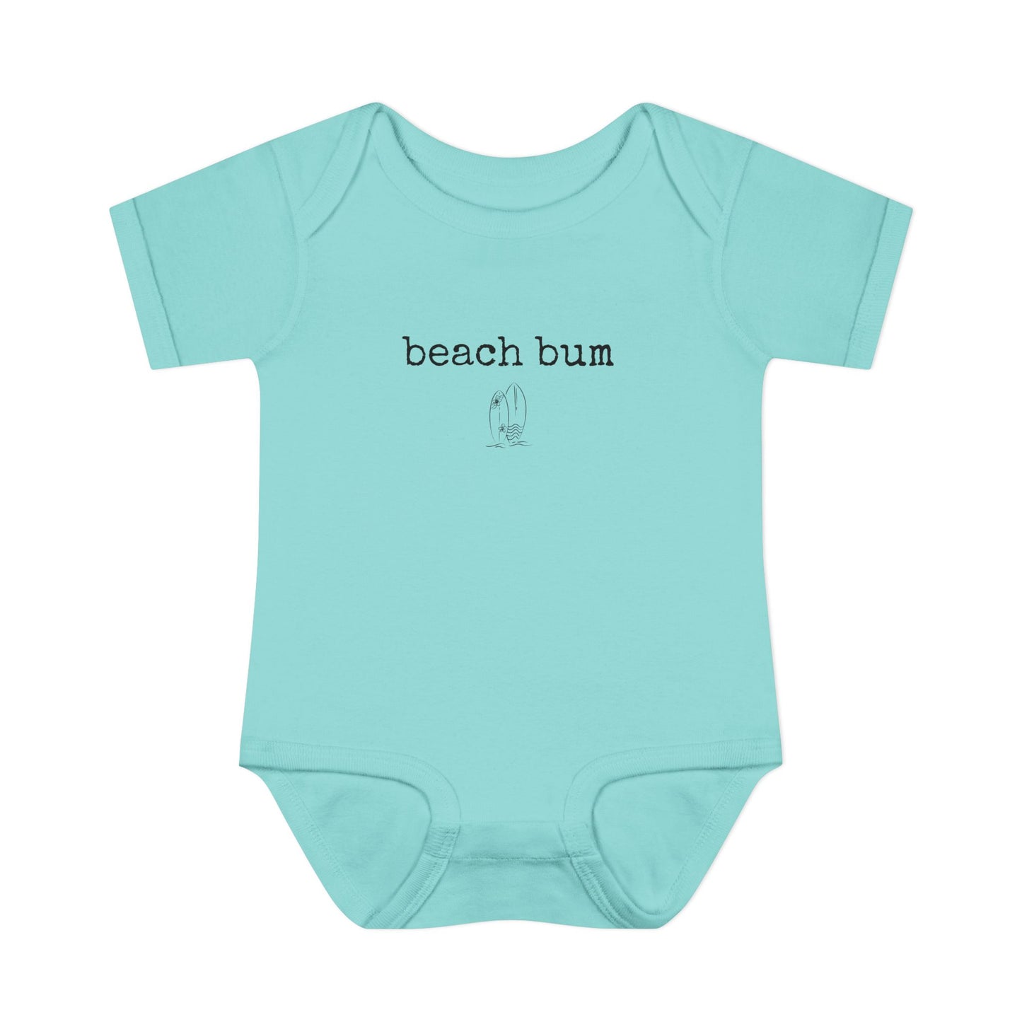 Light blue baby onesie with 'beach bum' text on a white background