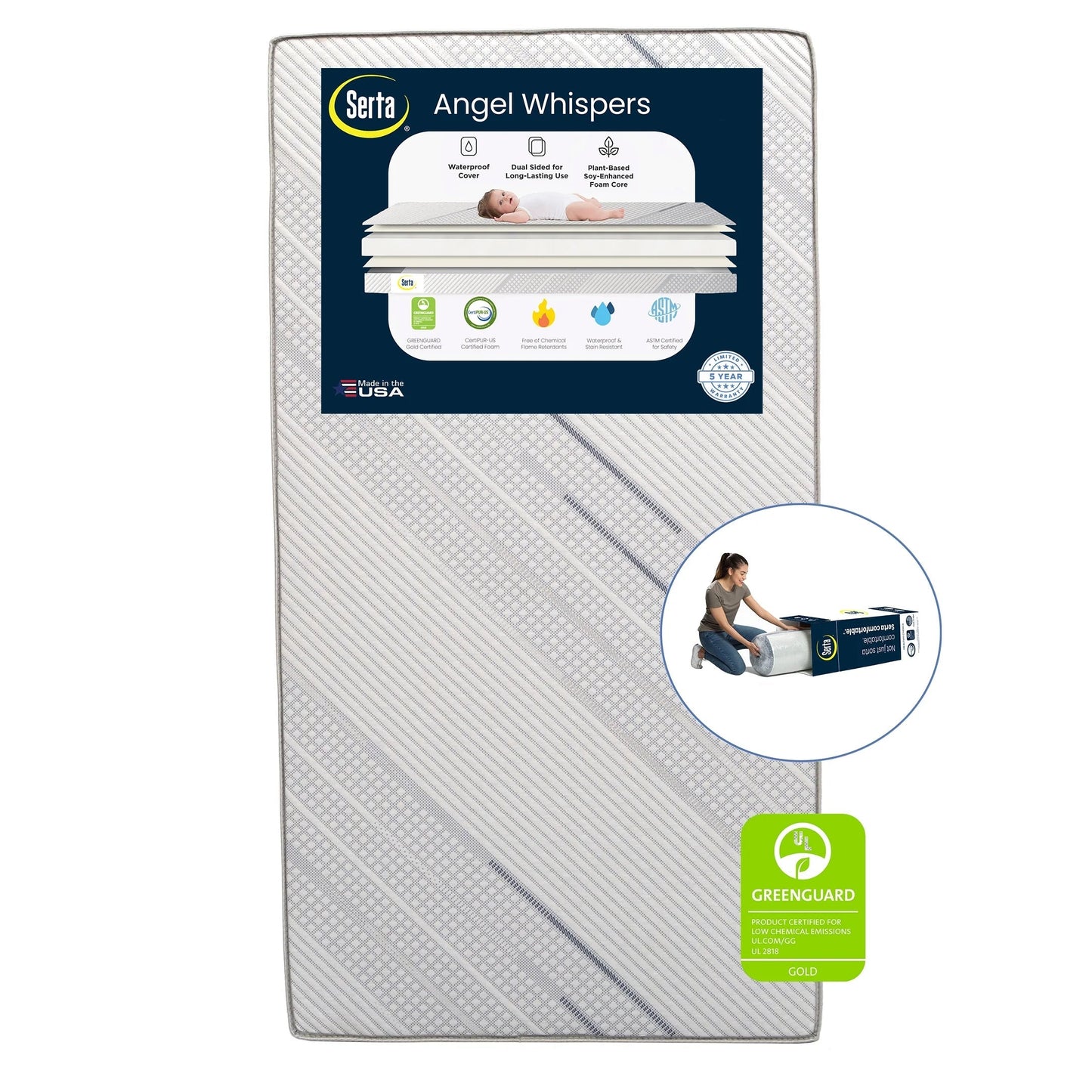Angel Whispers Dual Sided 5" Crib /Toddler Mattress, GREENGUARD Gold, Firm Plant-Based Foam