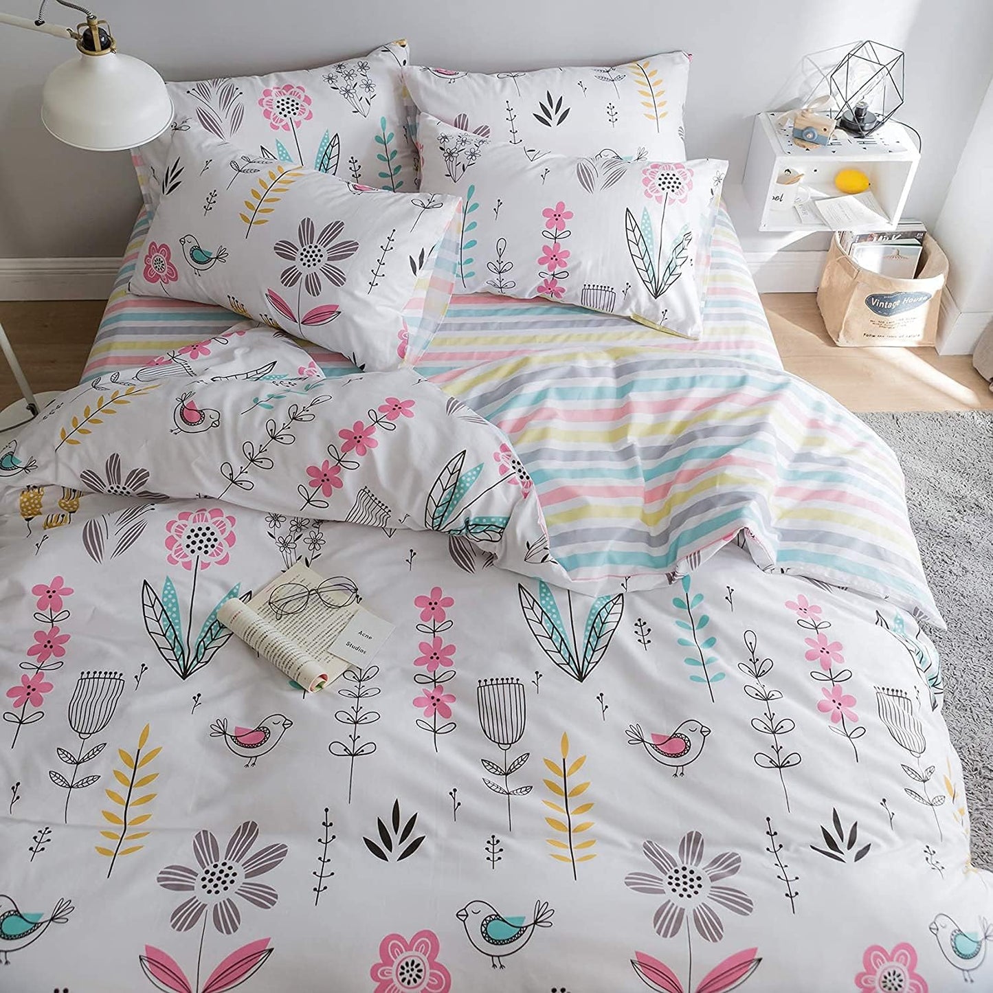 Floral Bird Print Pattern Girls Duvet Cover Twin White Premium Cotton Nature Blossom Colorful Reversible Kids Bedroom Comforter Cover Bedding Sets for Teen Toddler,Zipper Closure