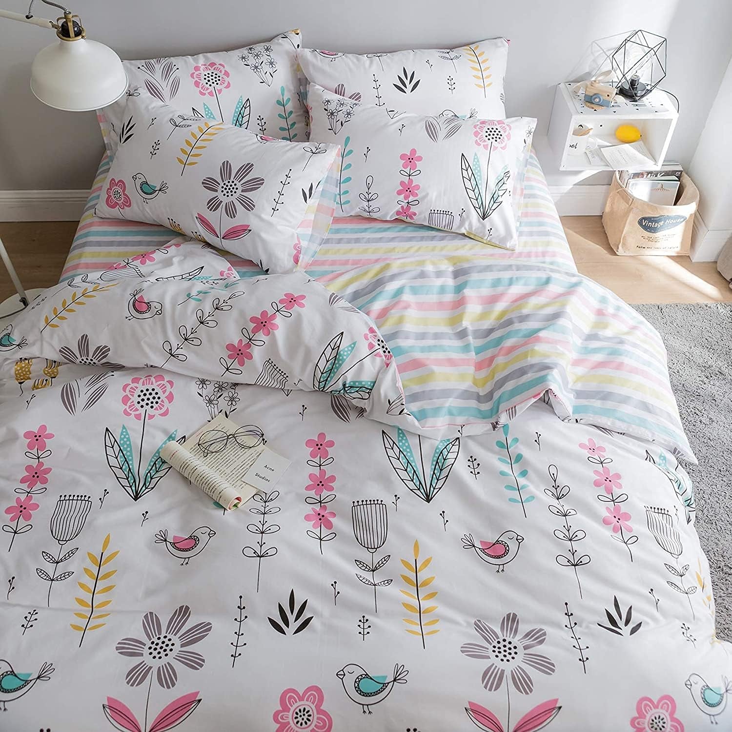 Floral Bird Print Pattern Girls Duvet Cover Twin White Premium Cotton Nature Blossom Colorful Reversible Kids Bedroom Comforter Cover Bedding Sets for Teen Toddler,Zipper Closure
