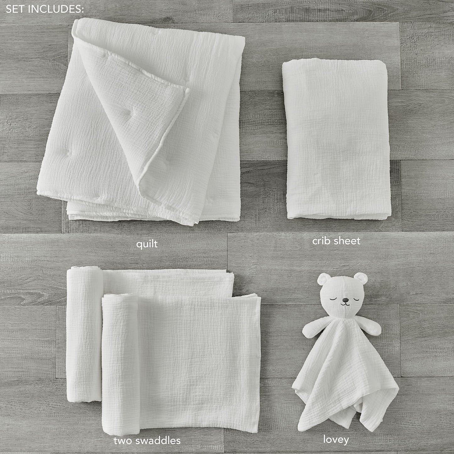 Levtex Baby - Cloud Muslin Crib Bed Set - Baby Nursery Set - Sage and White Stars - Sage Textured Muslin - 5 Piece Set Includes Quilt, Fitted Sheet, Two Swaddles & Bear Lovey