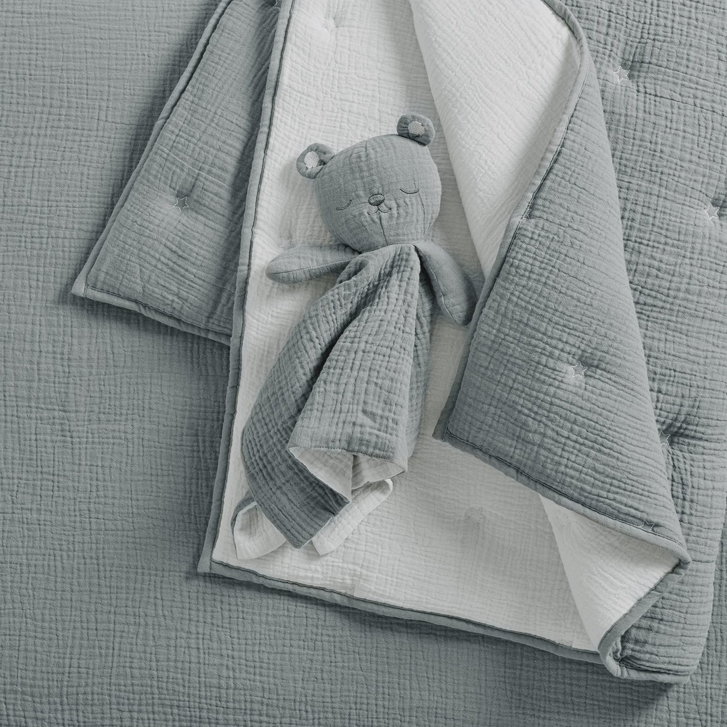 Levtex Baby - Cloud Muslin Crib Bed Set - Baby Nursery Set - Sage and White Stars - Sage Textured Muslin - 5 Piece Set Includes Quilt, Fitted Sheet, Two Swaddles & Bear Lovey