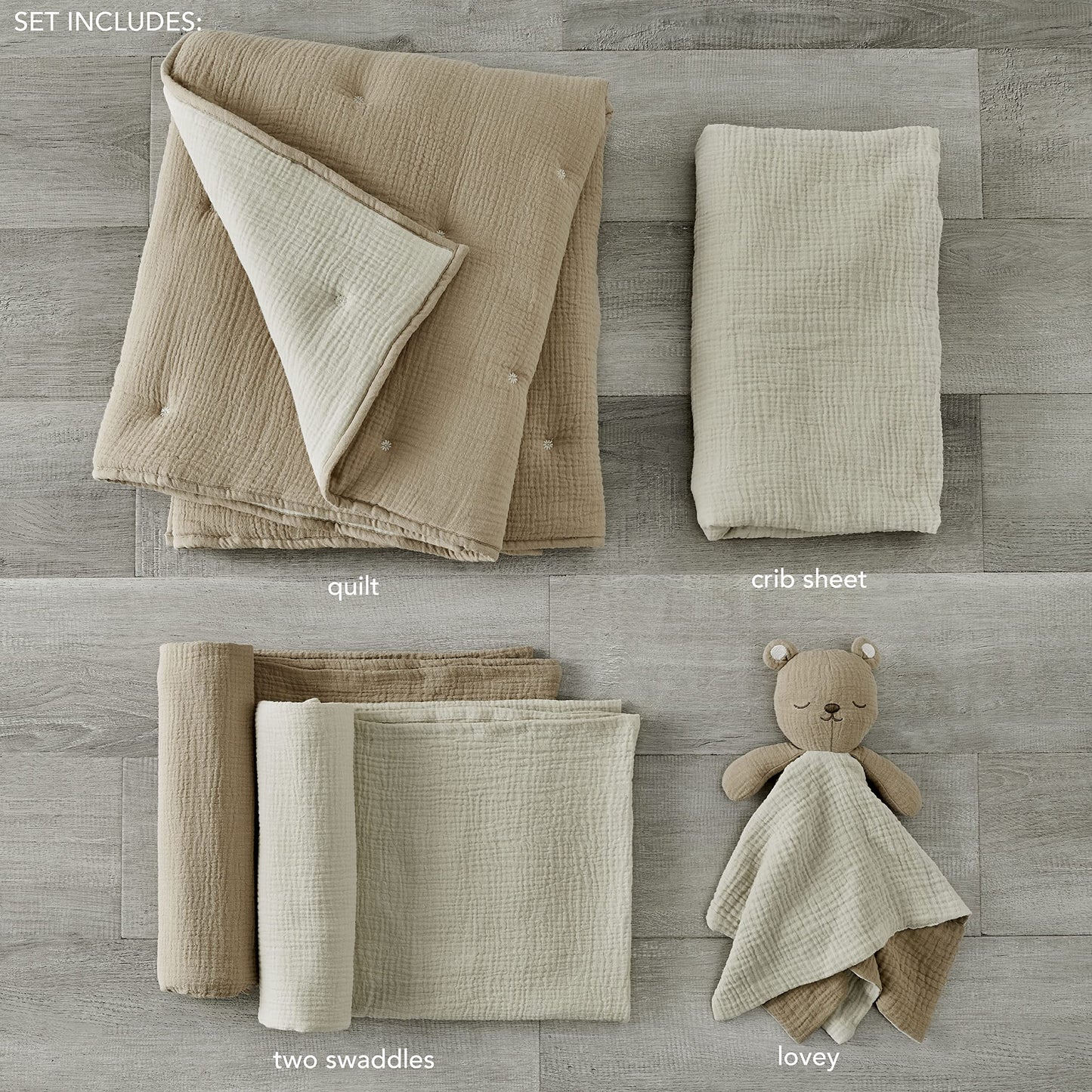 Levtex Baby - Cloud Muslin Crib Bed Set - Baby Nursery Set - Sage and White Stars - Sage Textured Muslin - 5 Piece Set Includes Quilt, Fitted Sheet, Two Swaddles & Bear Lovey