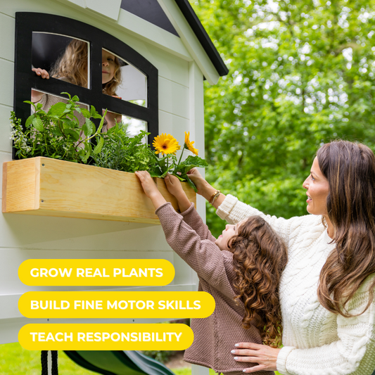 Woman and child tending to plants on a small house exterior with text about benefits.