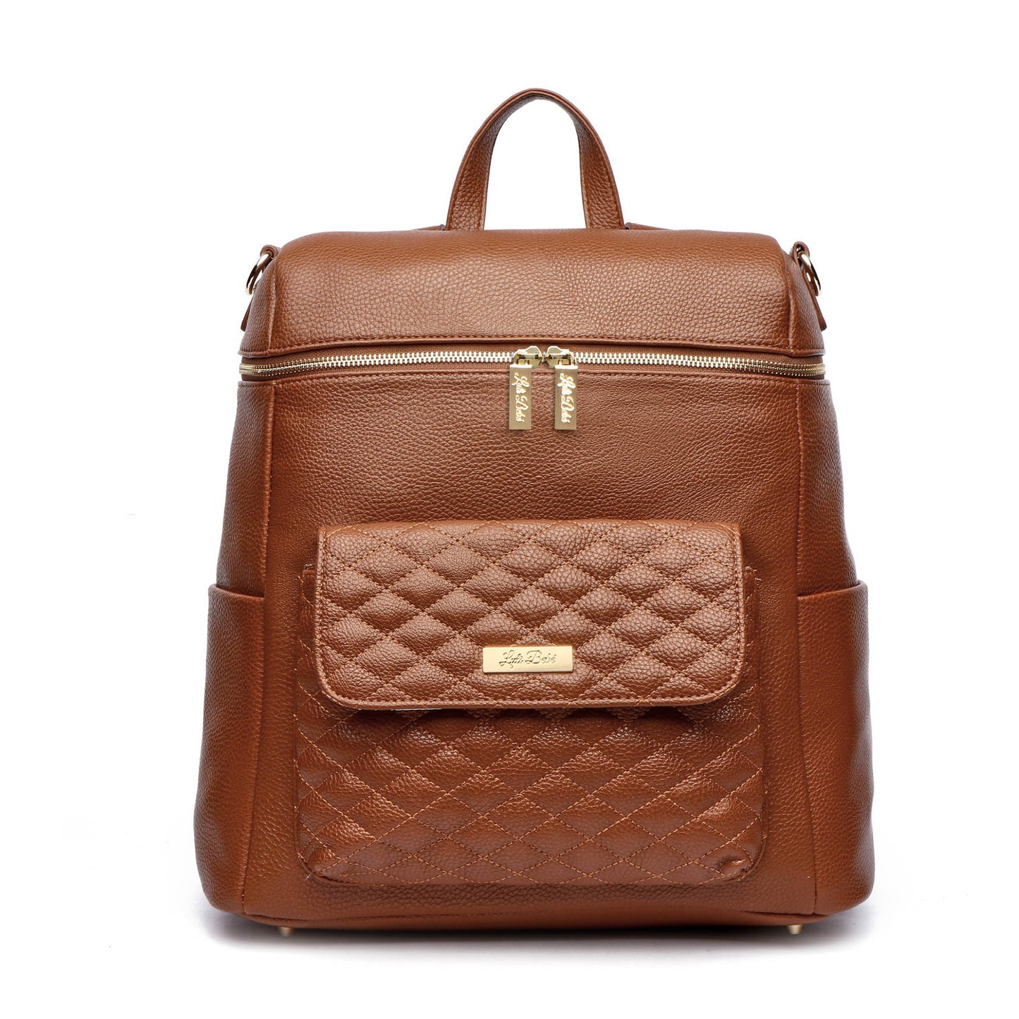 A caramel brown premium vegan leather diaper bag with a quilted design on the front pocket, featuring a top handle, a backpack strap, and a front zipper closure.