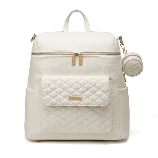 White quilted backpack with a matching round pouch on a white background