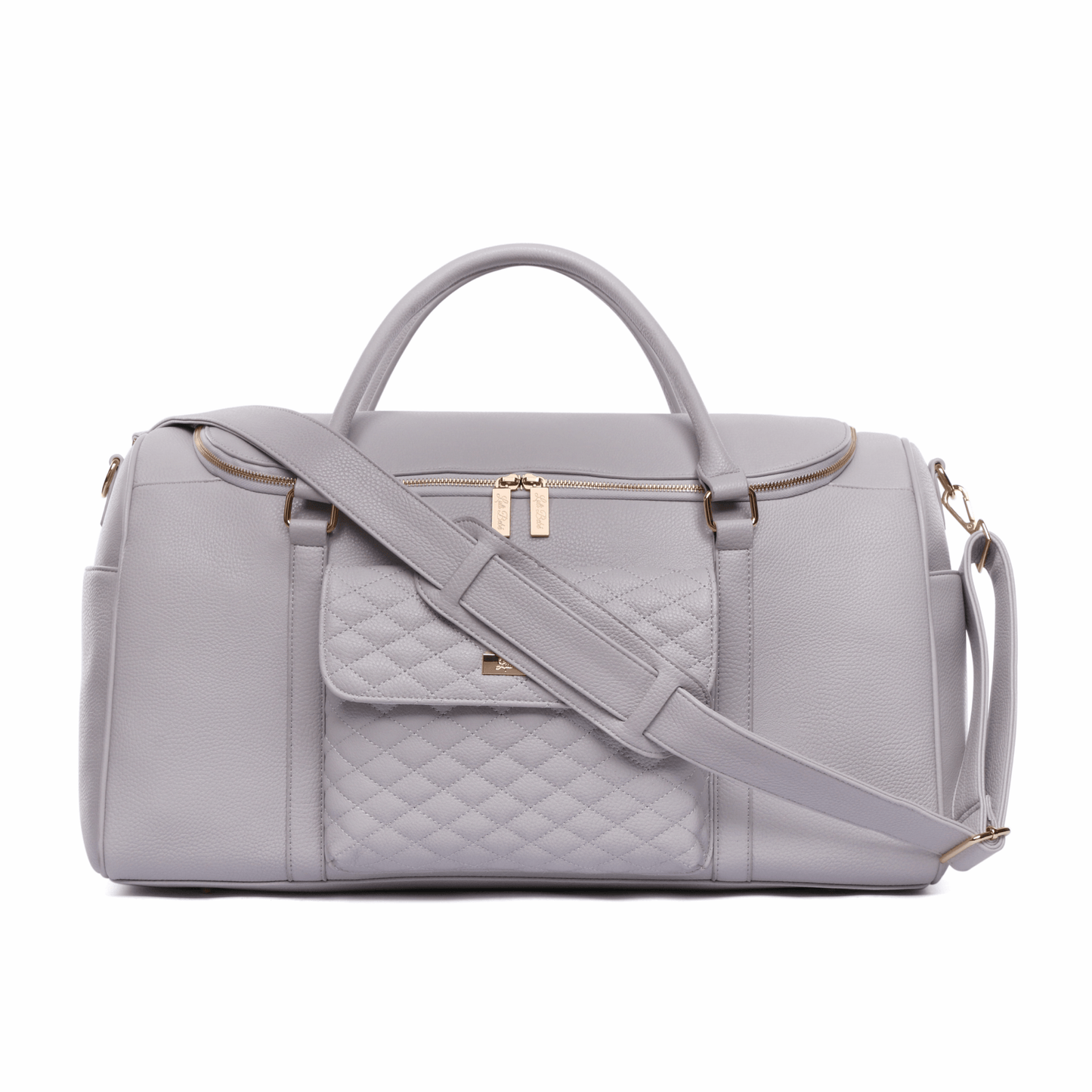 Gray duffel bag with quilted pattern and gold accents on a white background